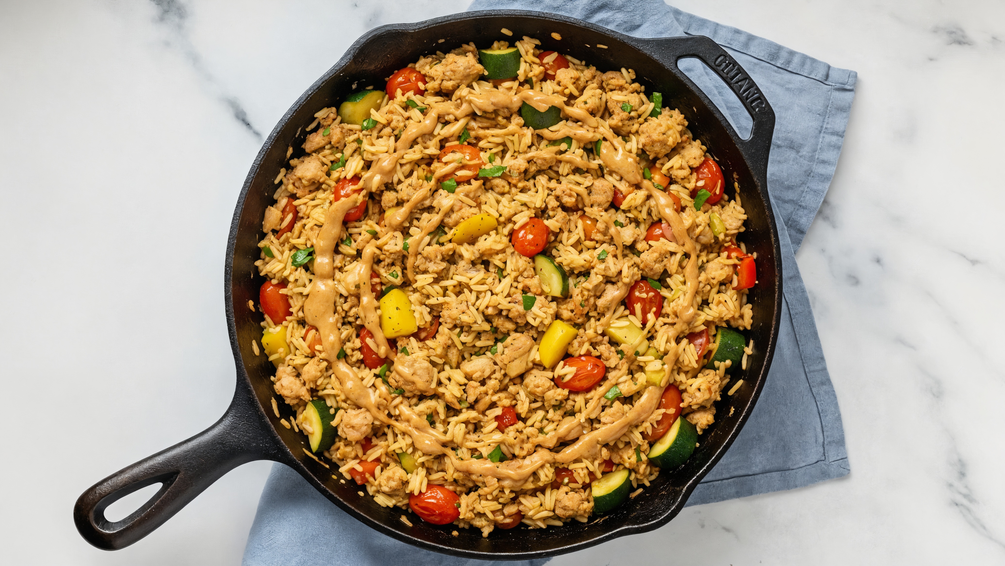 Thai Peanut Squash + Ground Turkey Stir-Fry with Seasoned Jasmine Rice