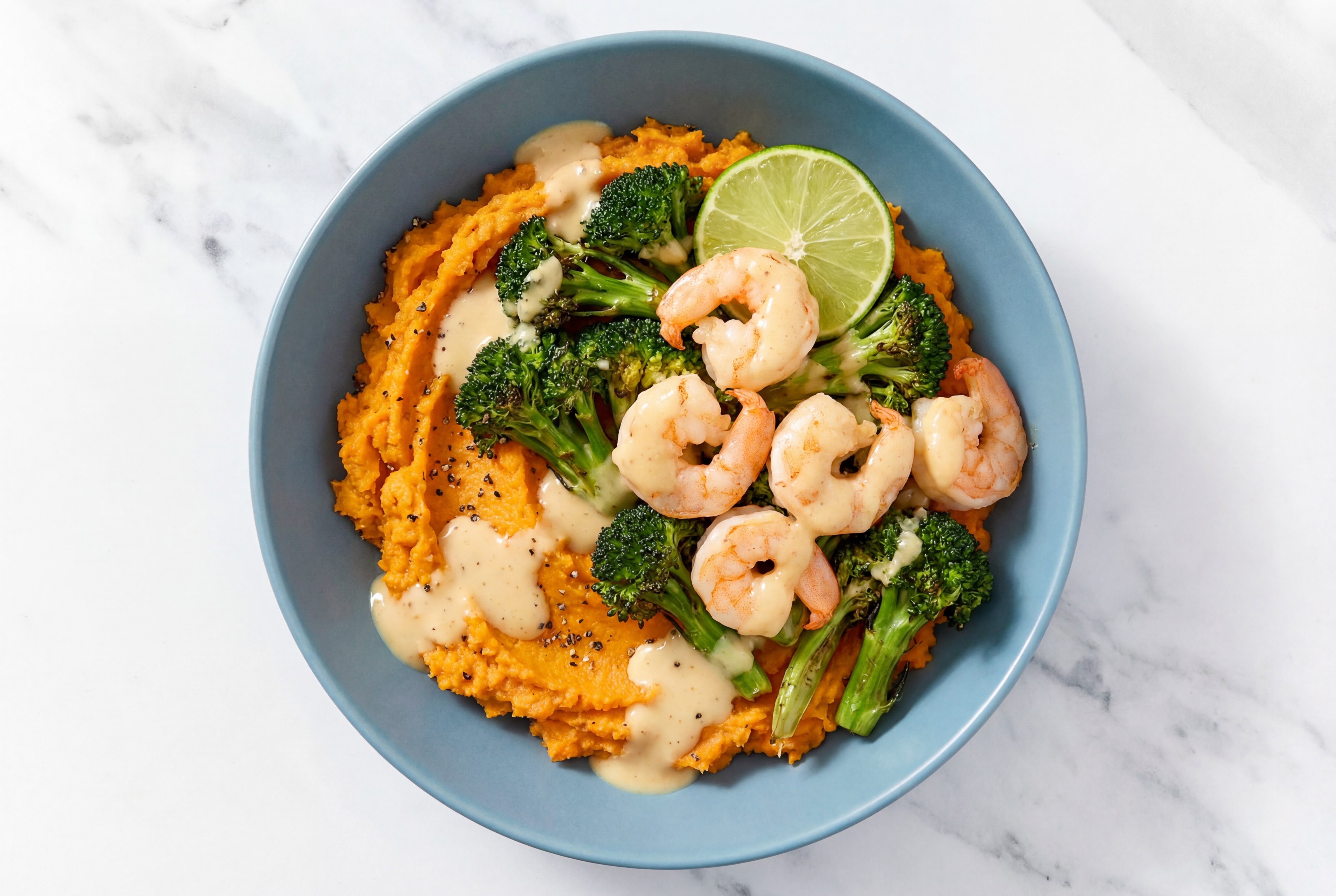Creamy Miso Shrimp Sweet Potato Bowl with Broccoli Bunches