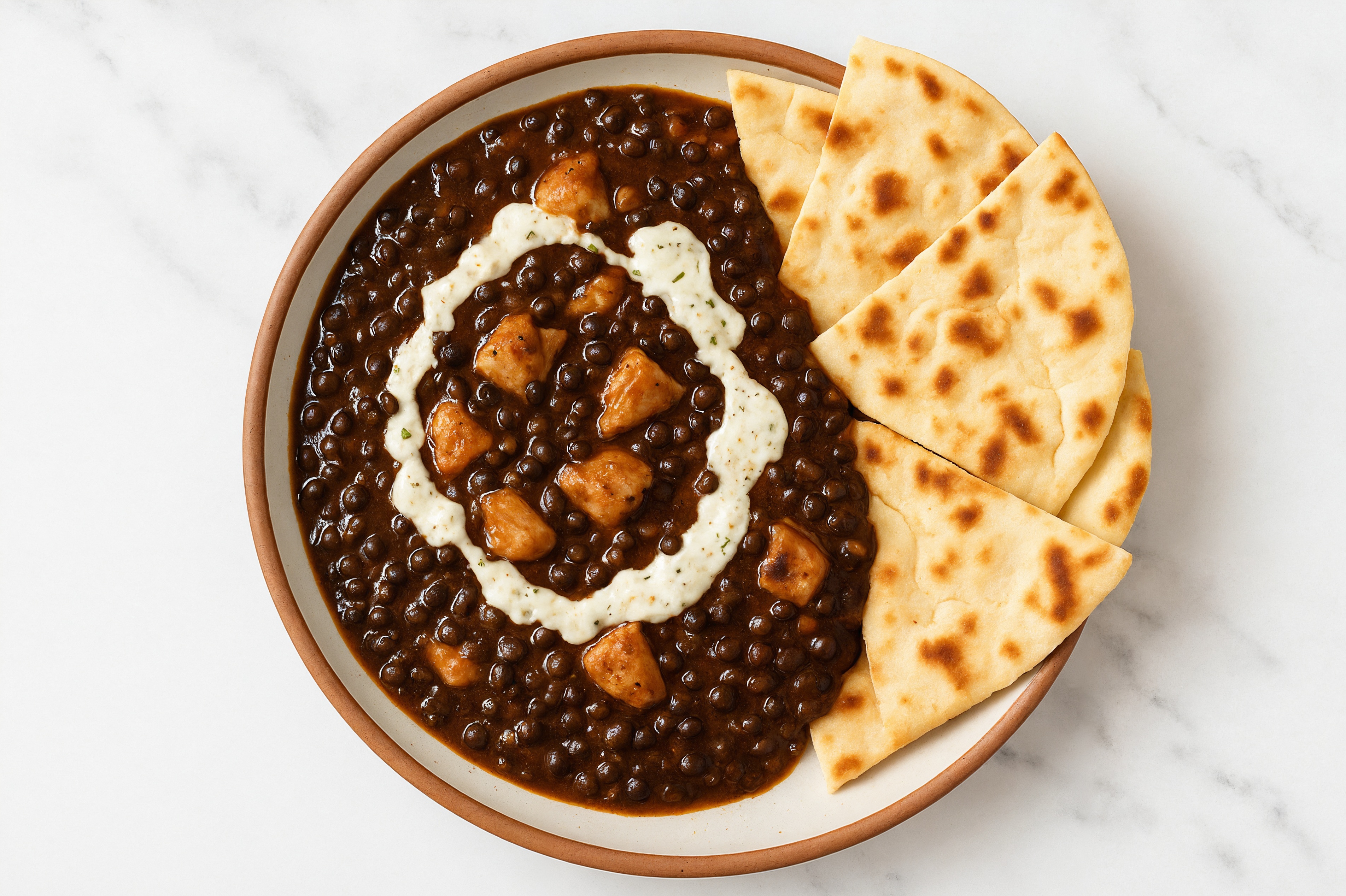 Garlicky Chicken 'n Black Lentil Curry + Warm Naan Wedges