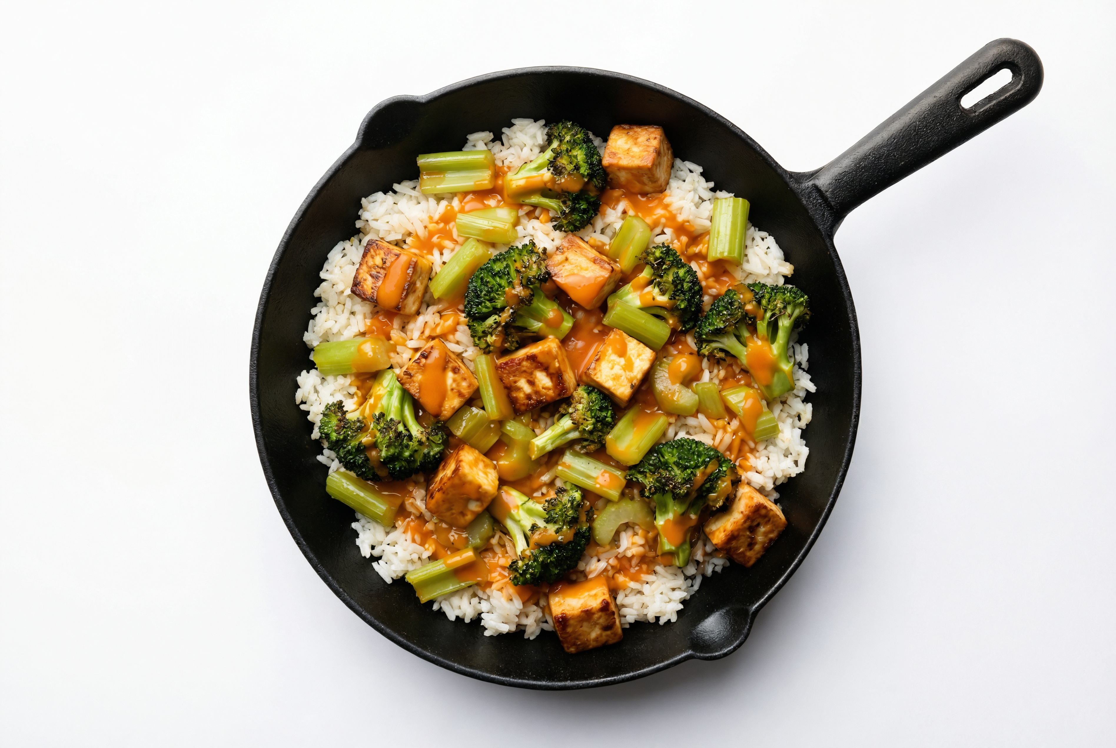 Paneer in Peppery Sauce with Broccoli + Celery over Long Grain White Rice