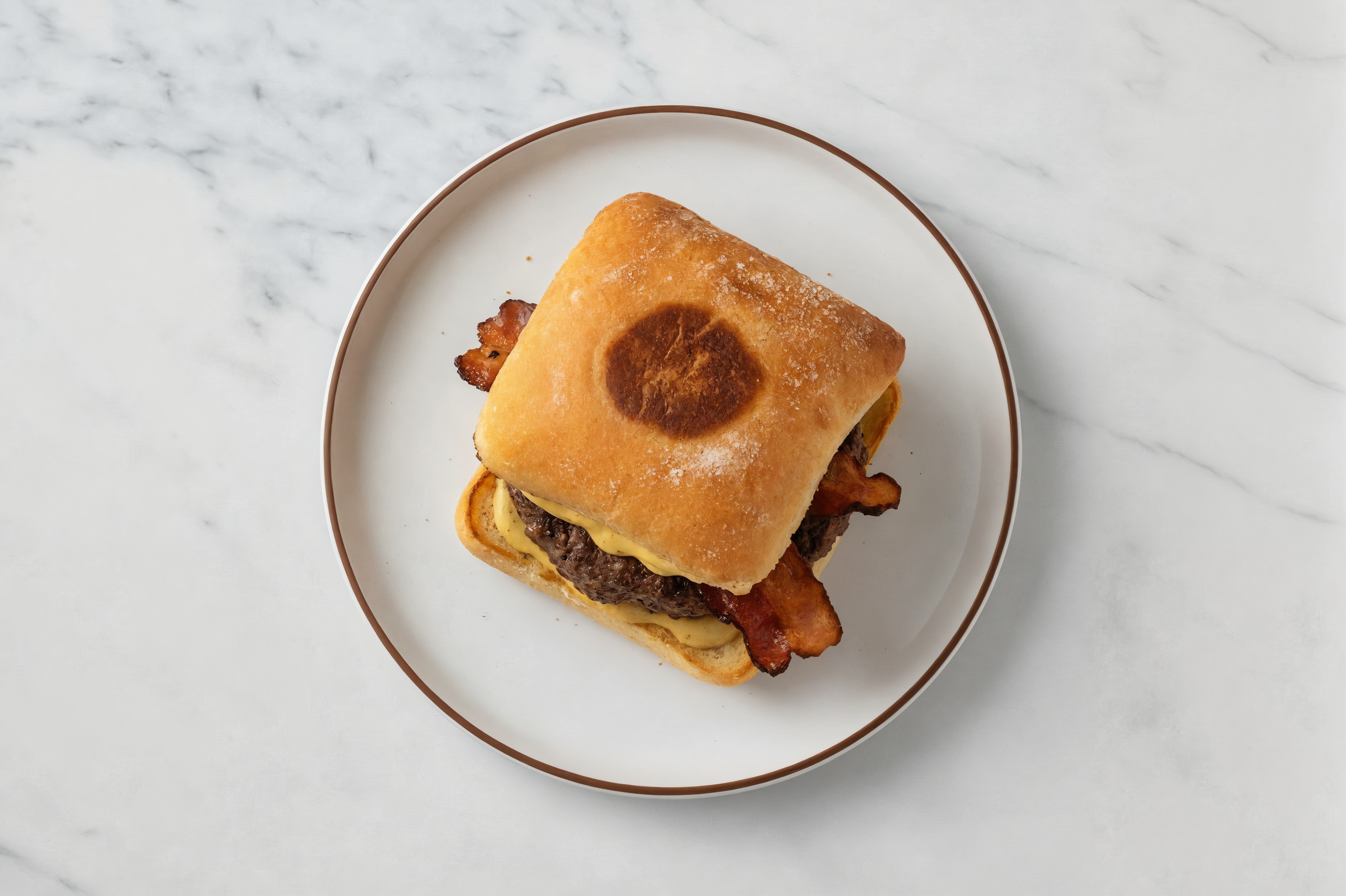 Beef Burger on Ciabatta with Honey Mustard & Turkey Bacon