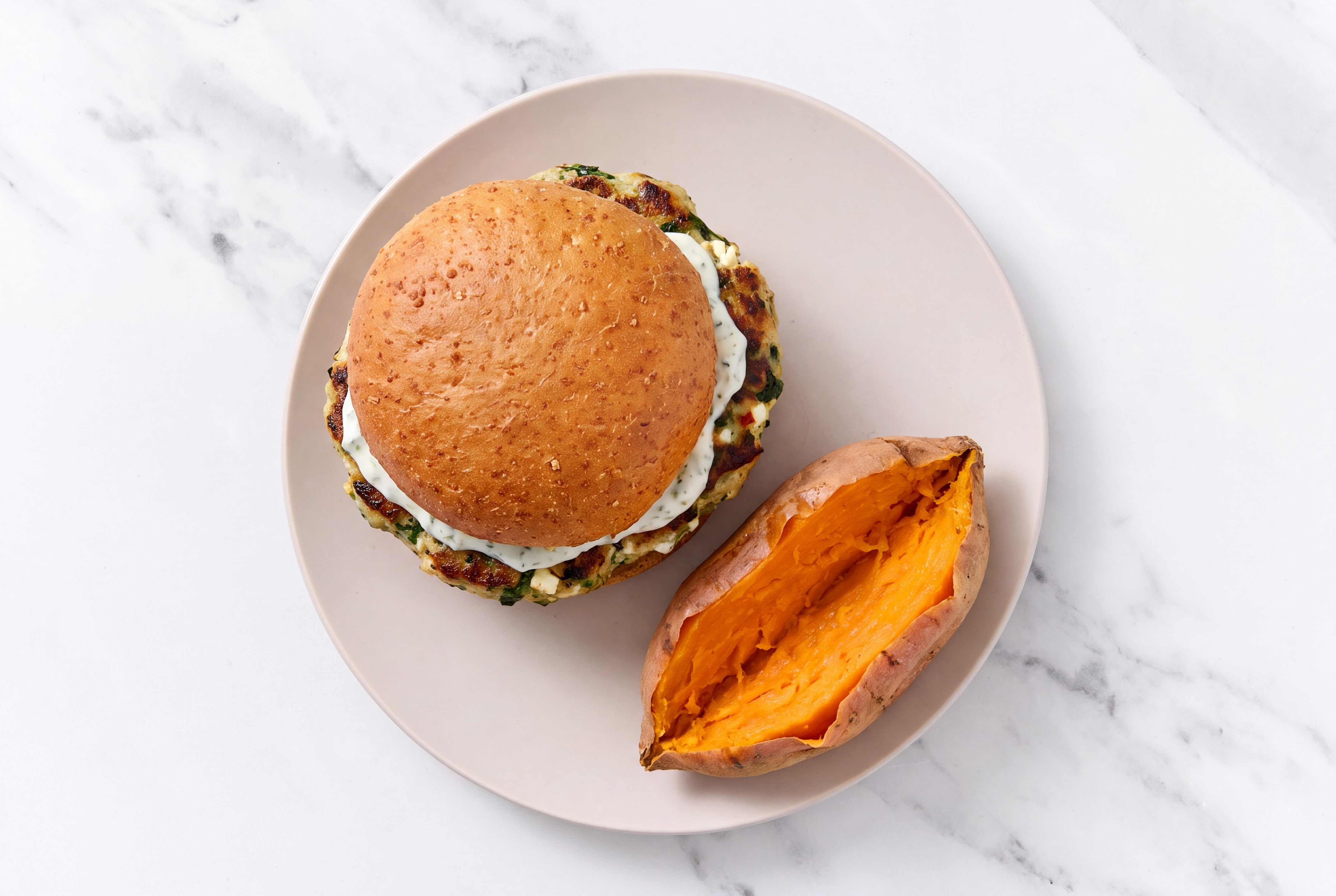 Tomato Basil Turkey Burger with Sweet Potato & Dairy-Free Tzatziki