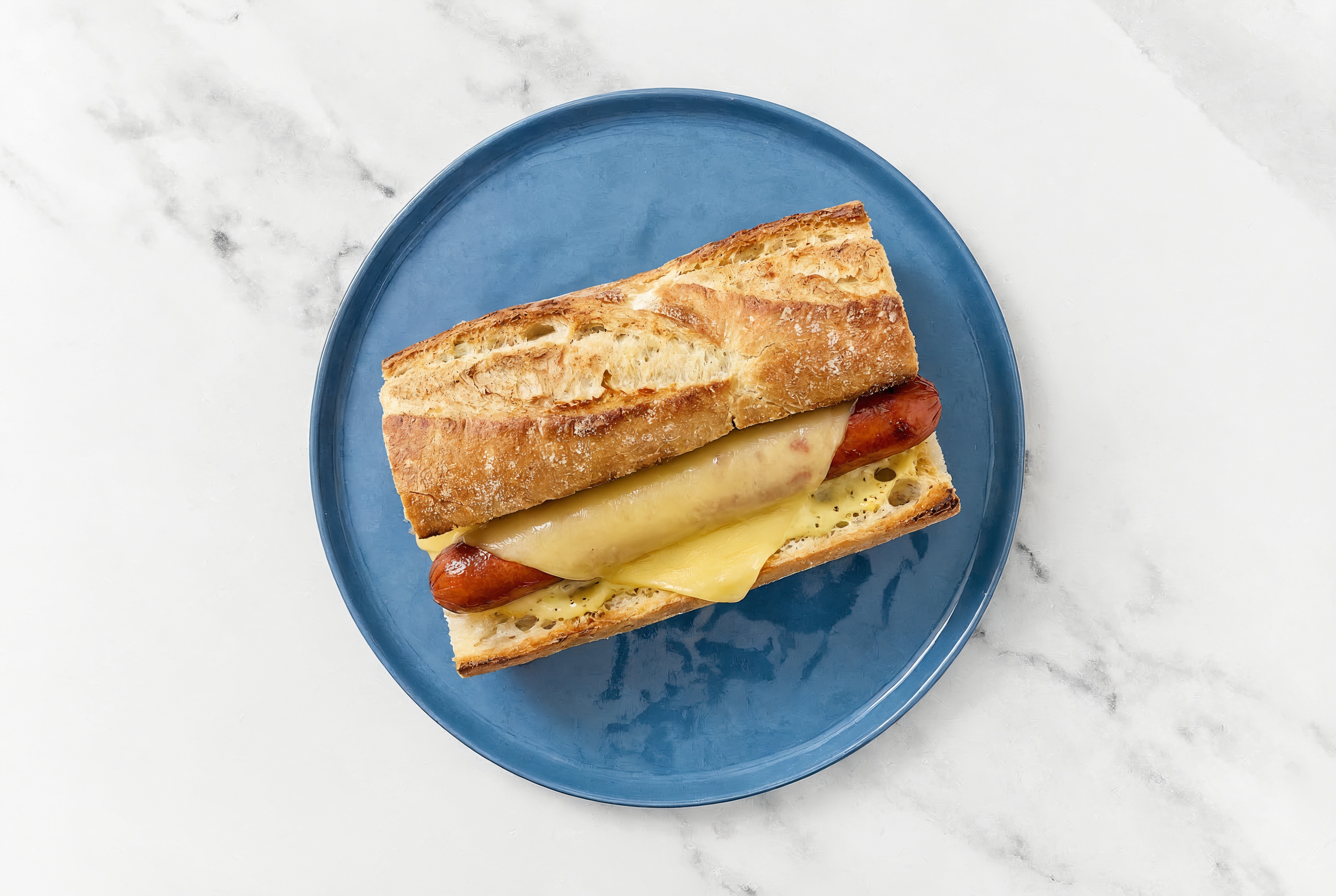 Vegan Cheddar Beef Hot Dog with Honey Musard Garlic Sauce on Baguette