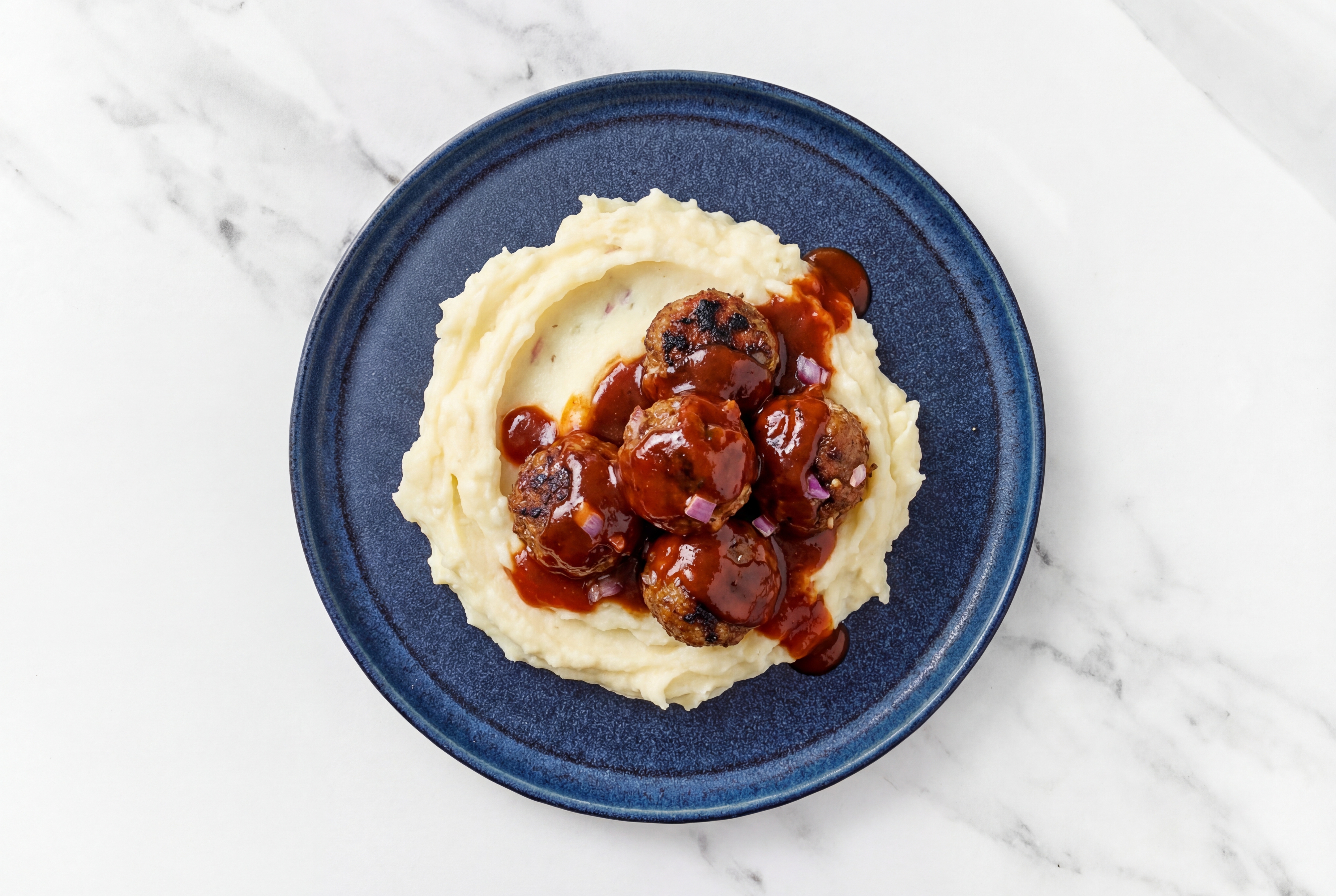 BBQ Italian-Style Ground Beef Meatballs + Sour Cream Mashed Potatoes