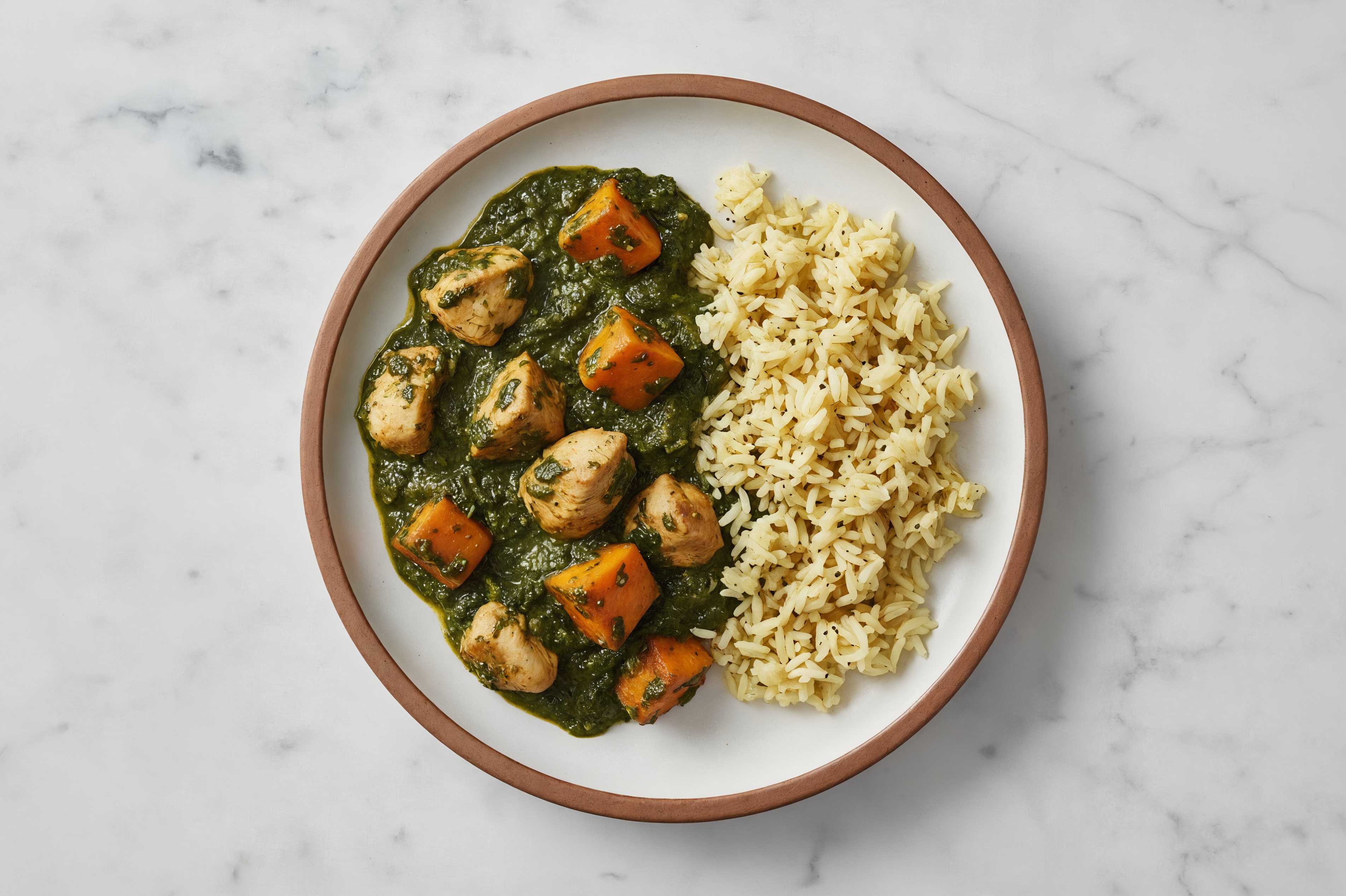  Chicken Japanese Sweet Potato Saag over Jasmine Rice