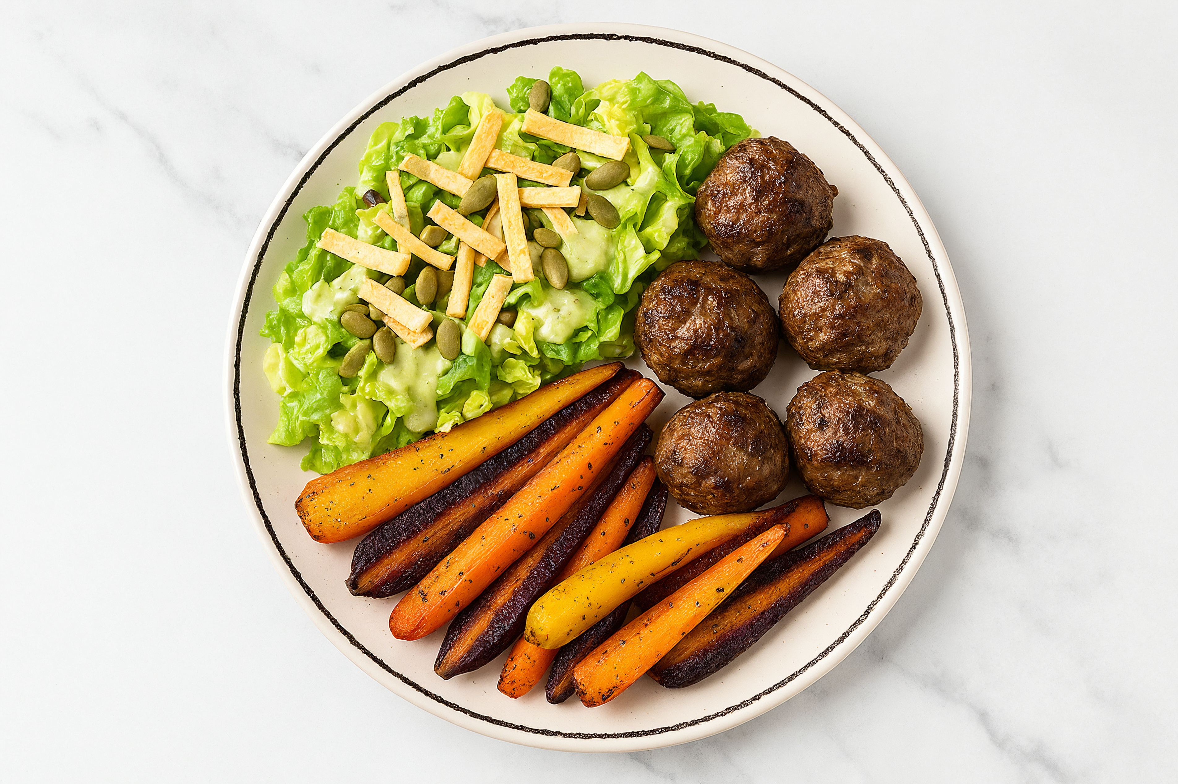Horseradish Baked Lamb Meatballs & Baby Carrots with Avocado Salad