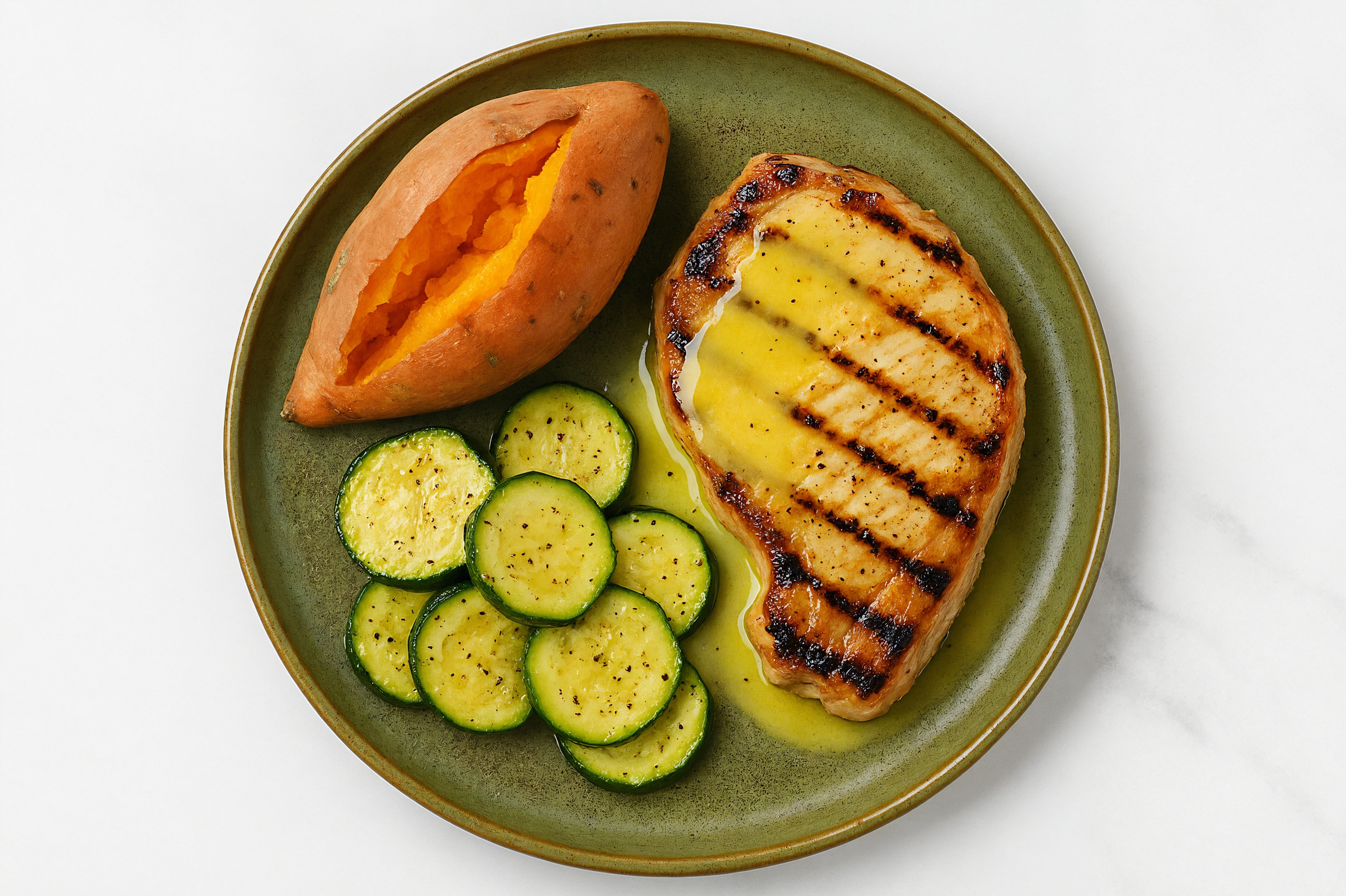 Lemon-Slow Churned Pasture Butter Pork Chops with Sweet Potato & Zucchini