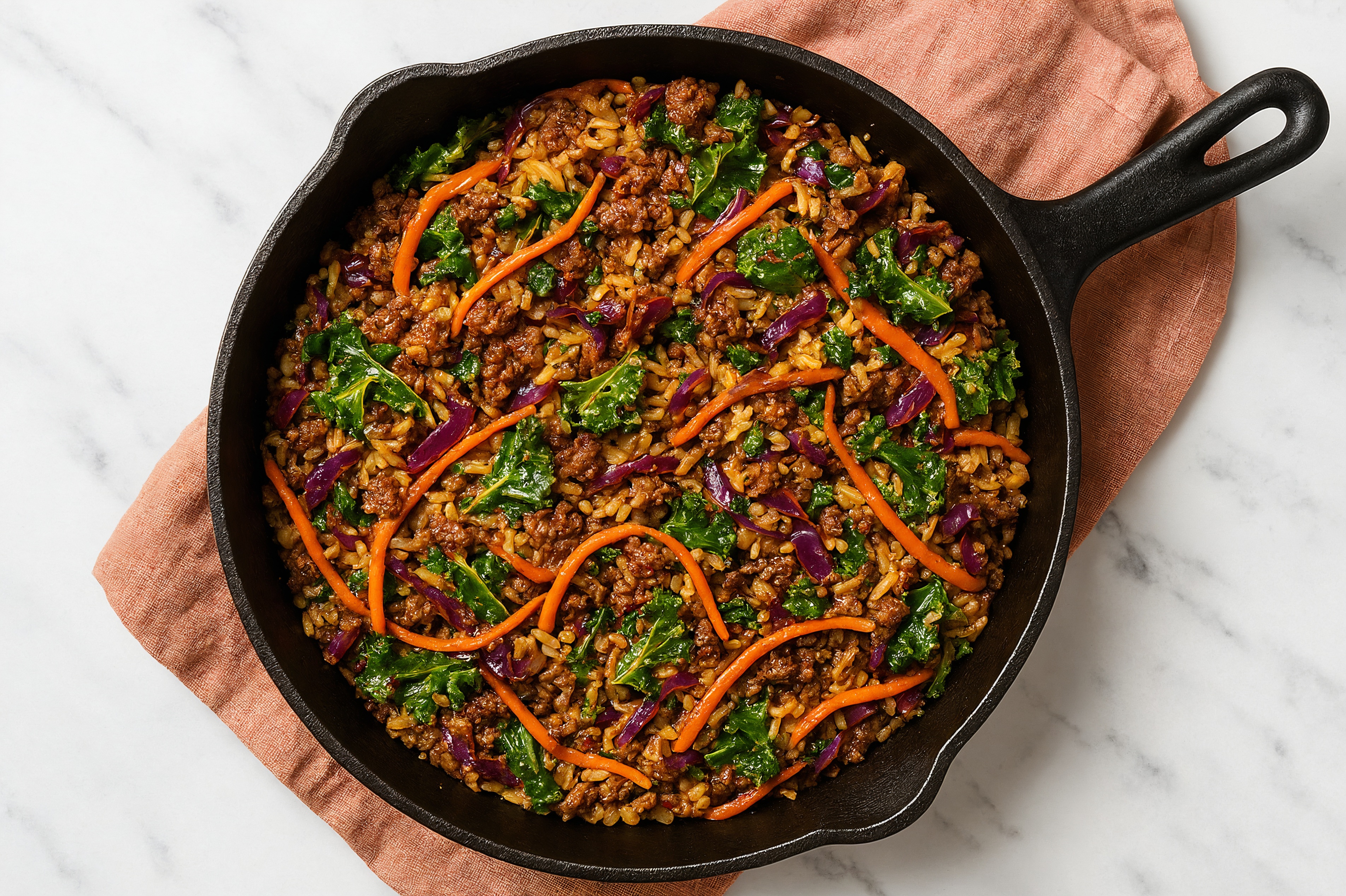 Sesame Ginger Rainbow Veggie + Ground Bison Stir-Fry with Seasoned Jasmine Rice