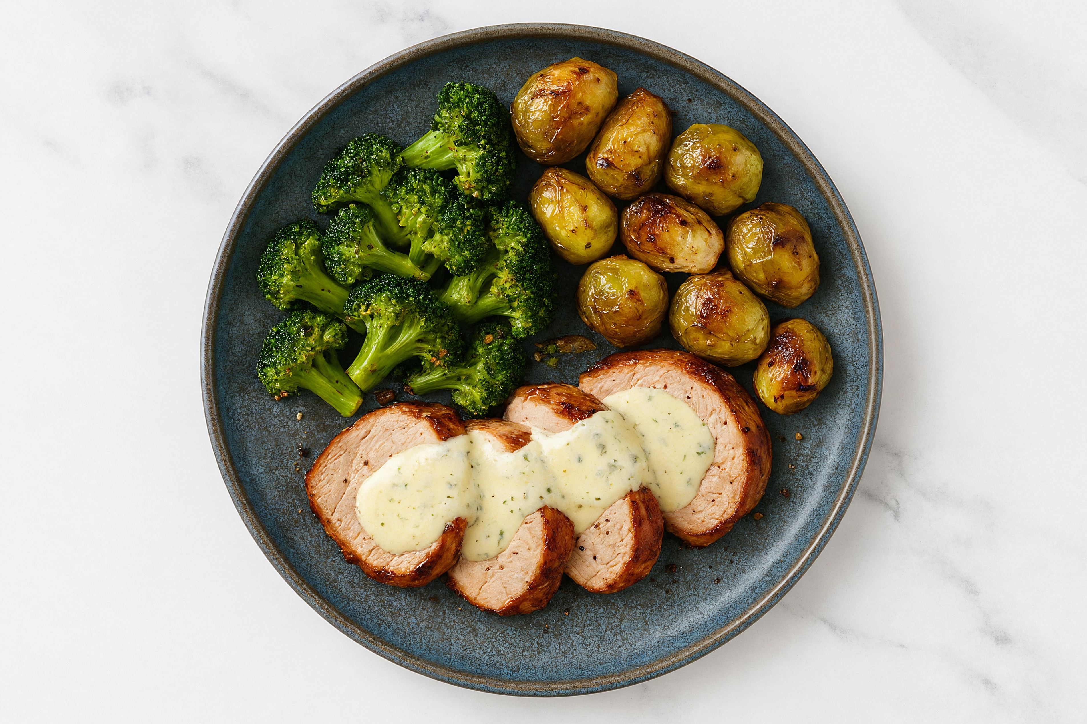 Creamy Herb Smothered Pork Tenderloin with Broccoli & Roasted Brussels