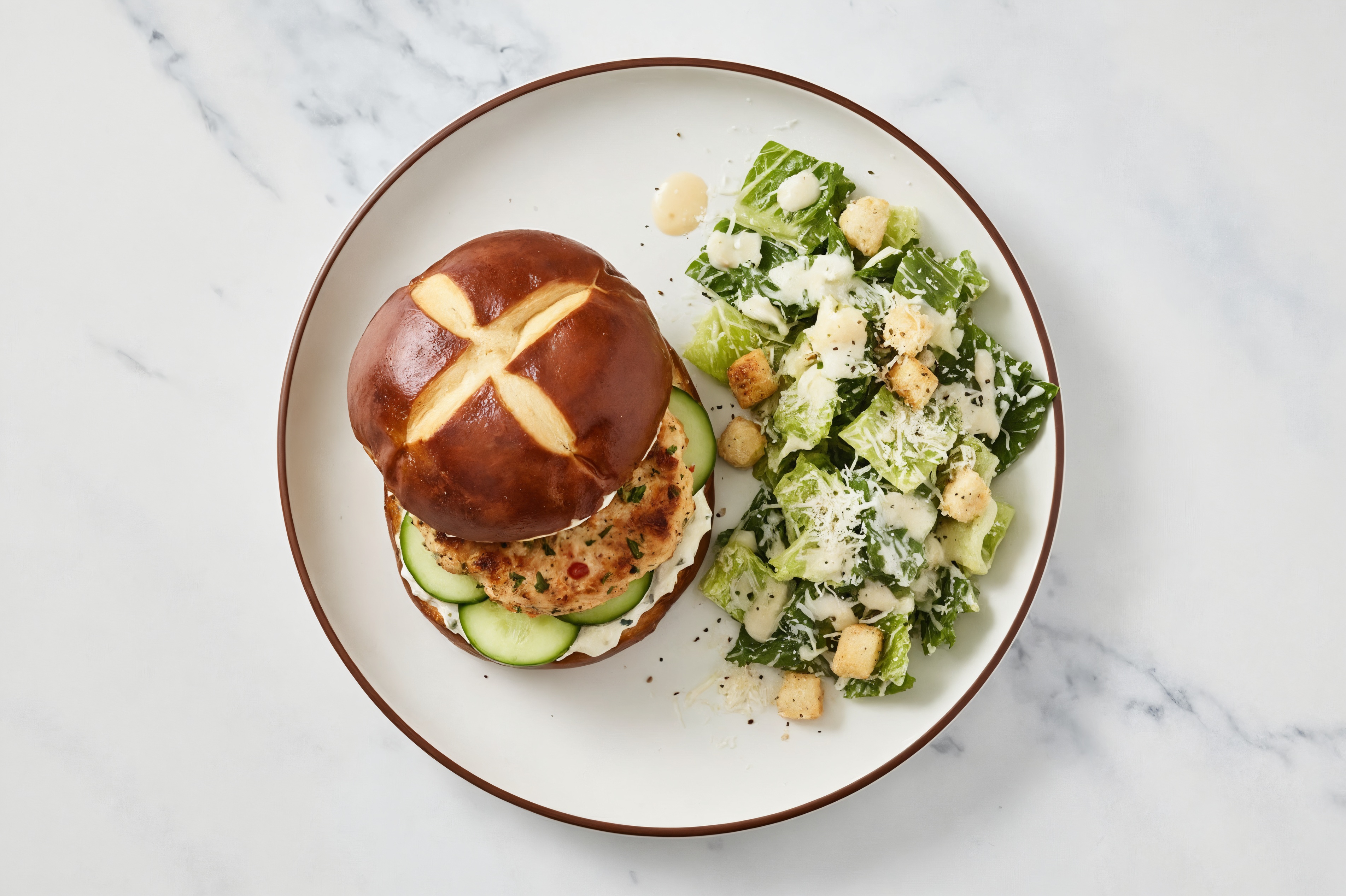 Garlicky Bruschetta Chicken Burger + Caesar Salad