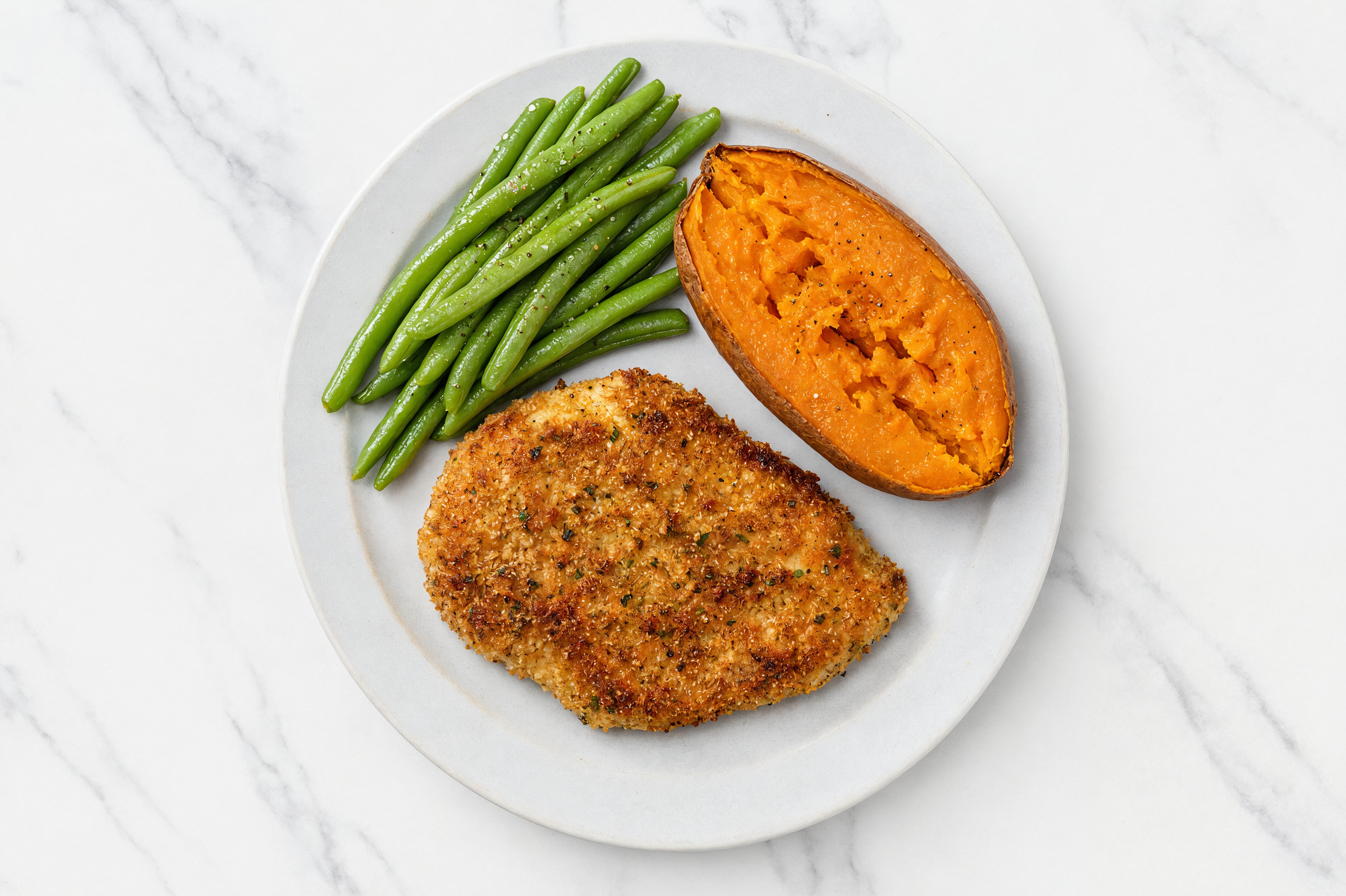 Parmesan Breaded Chicken Cutlet with Green Beans & Sweet Potato