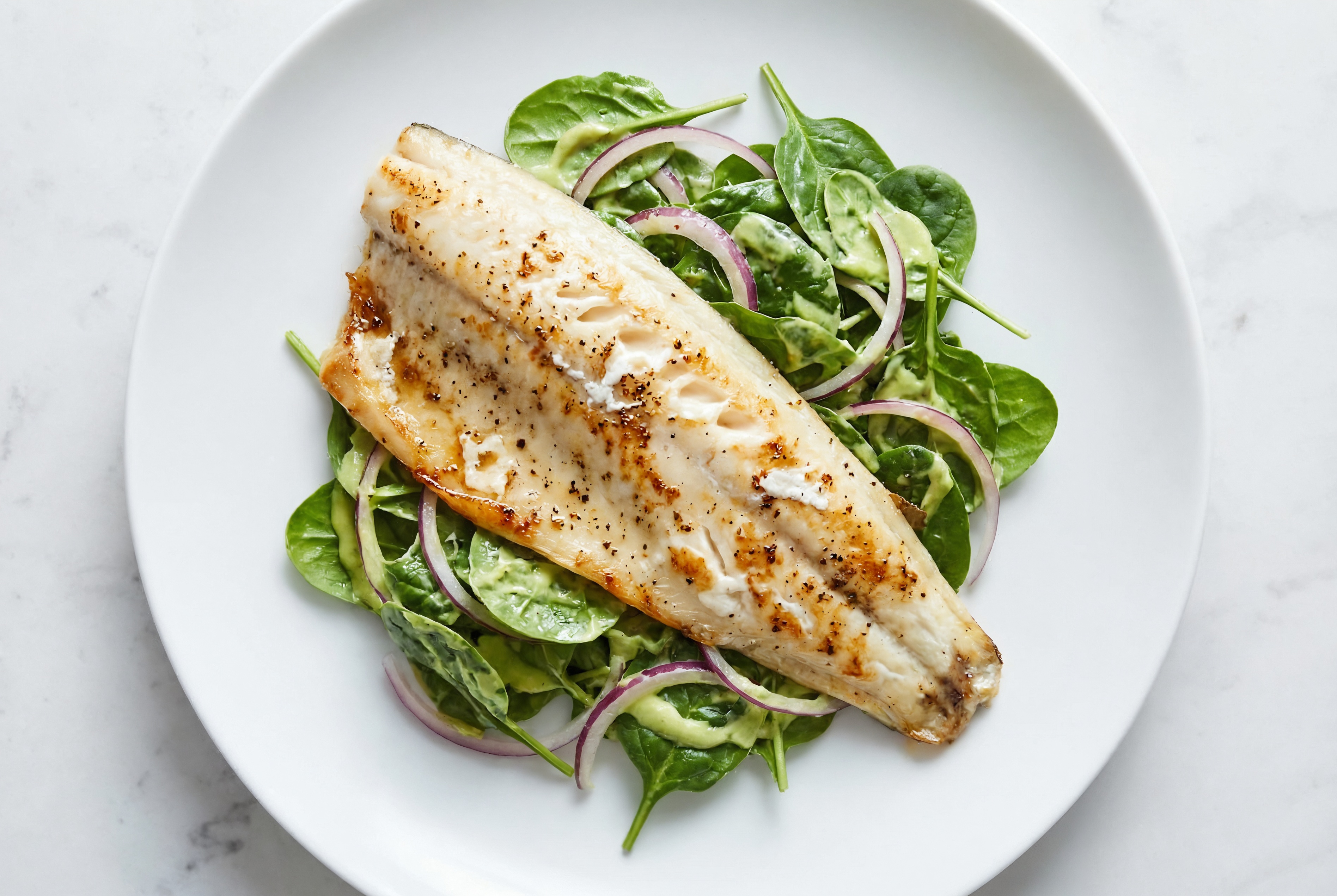 Baby Spinach Salad with Trout, Onion & Avocado