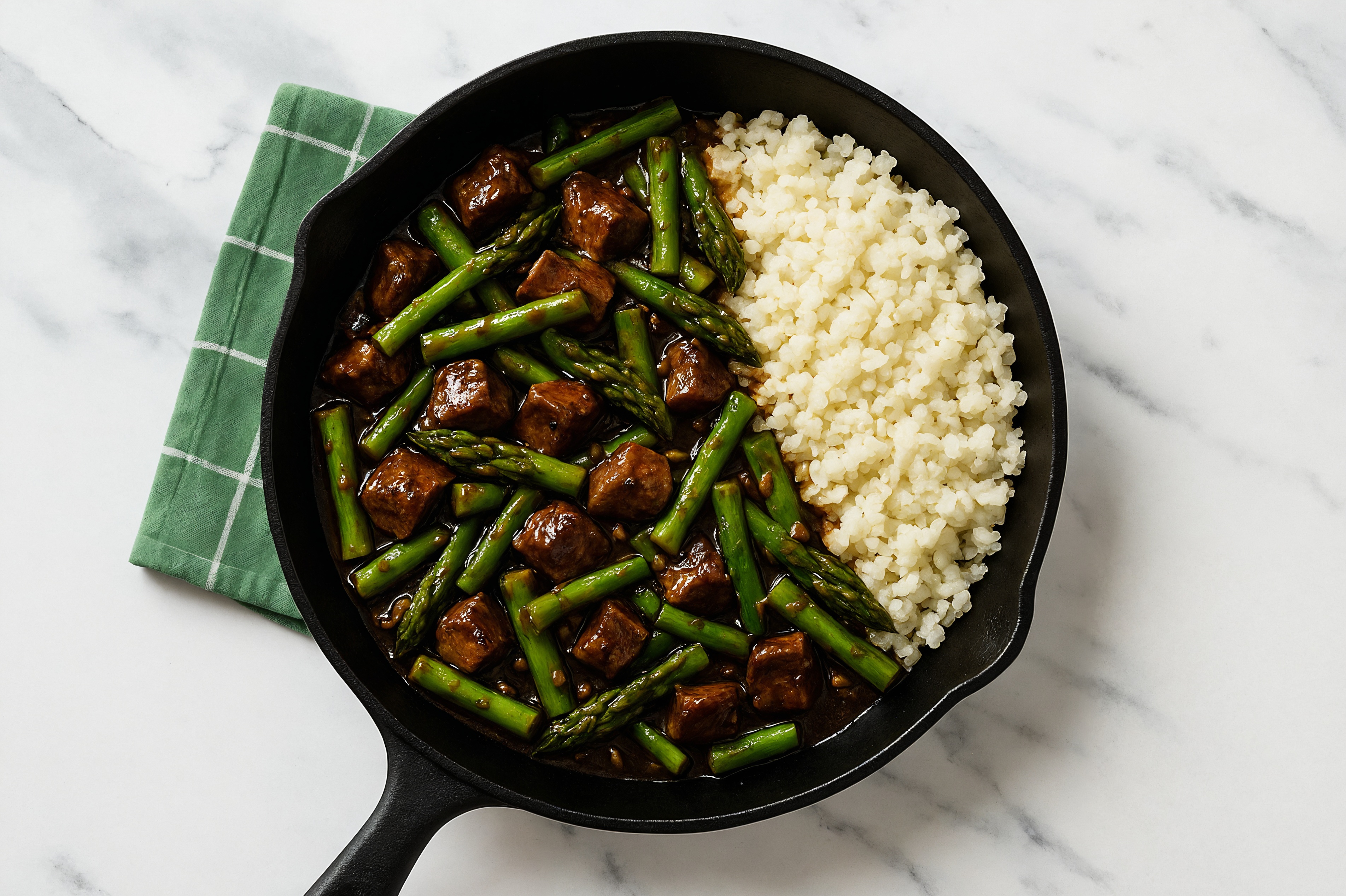 Tangy Pepper Beef Filet Stir-Fry with Asparagus over Riced Cauliflower