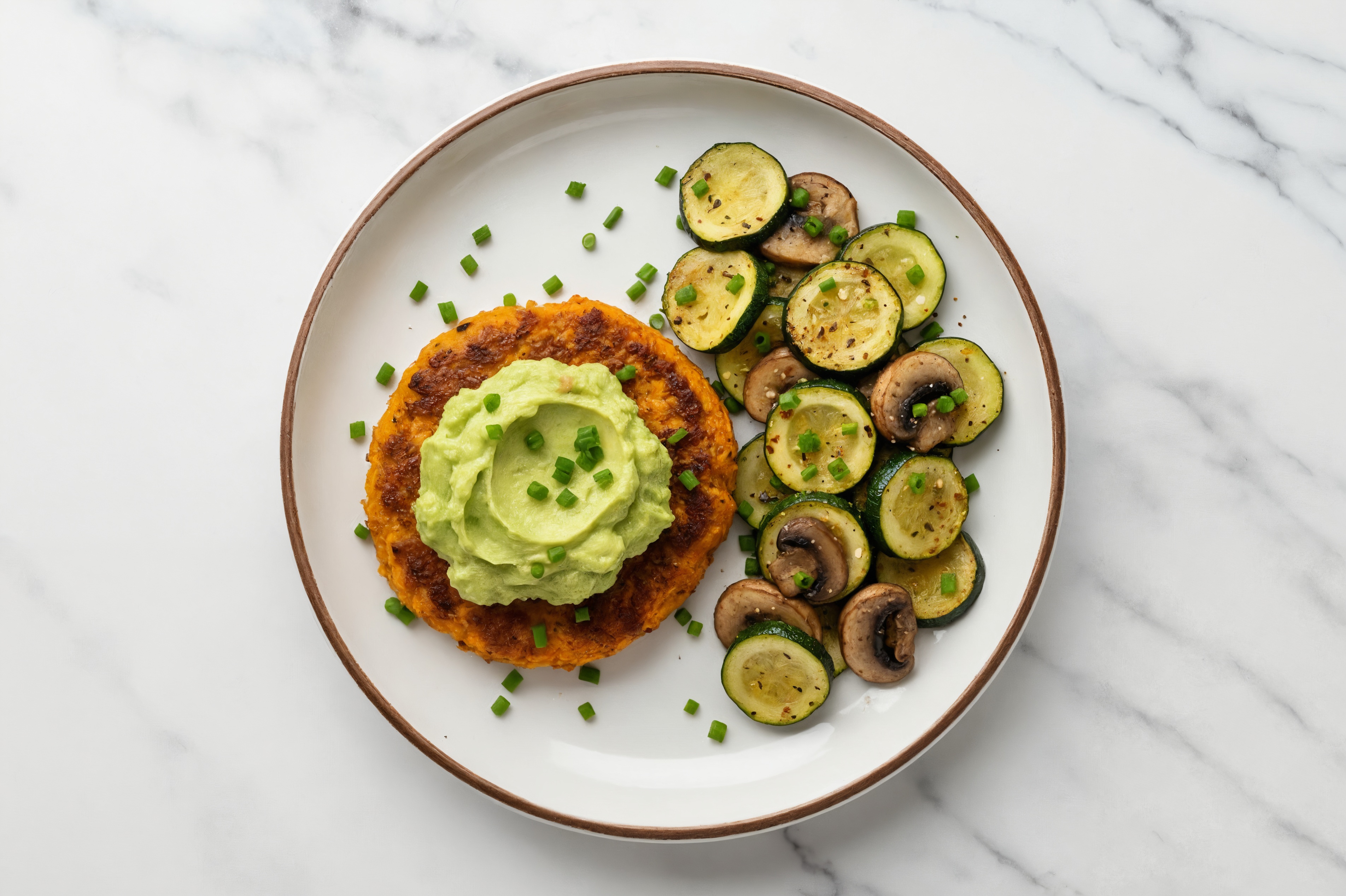 Sweet Potato Veggie Burger Patties Pattie Plate with Zucchini, Mushrooms + Guac