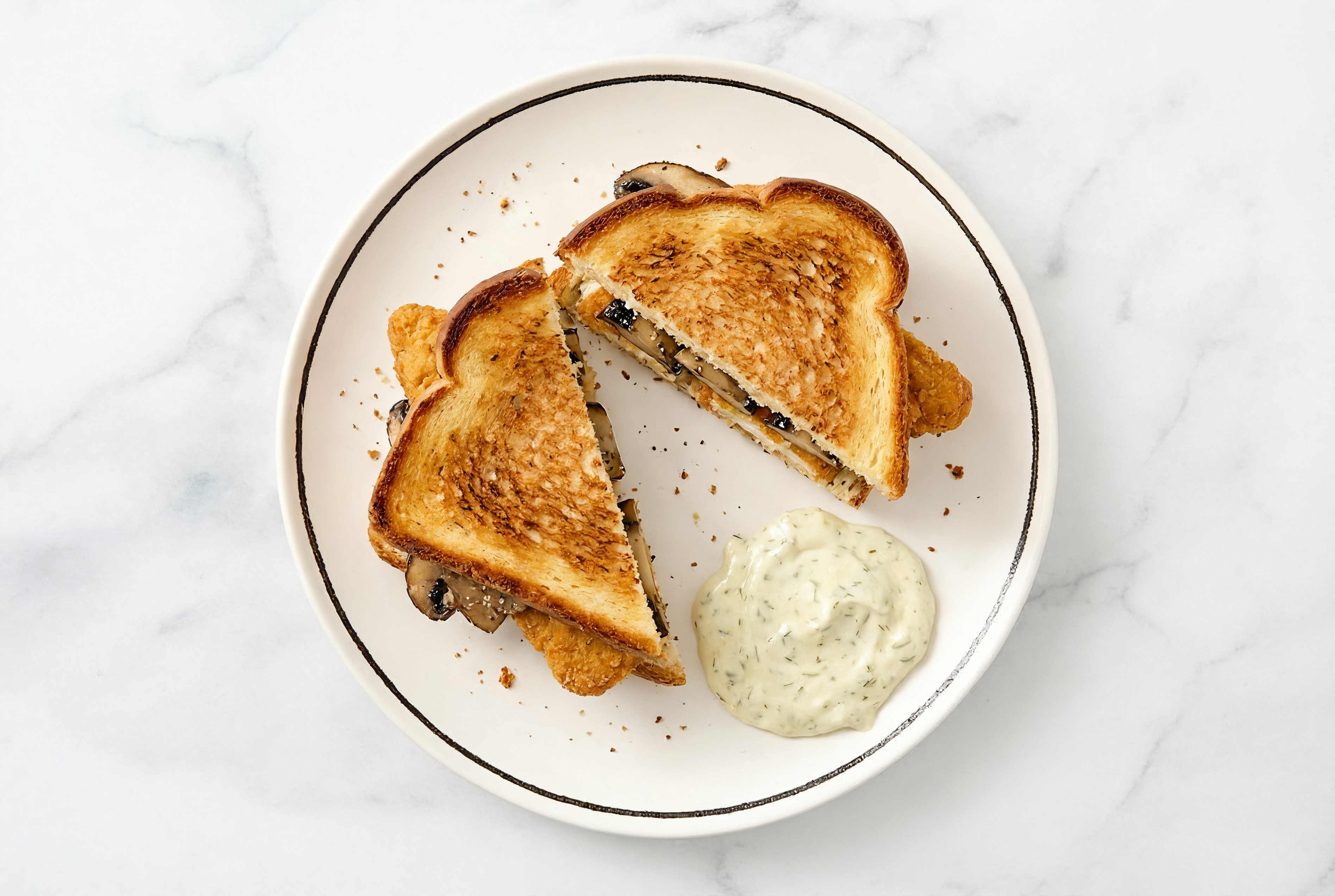 Dill Pickle "Chicken" Tenders Sandwich with Portabellas on Honey White Bread