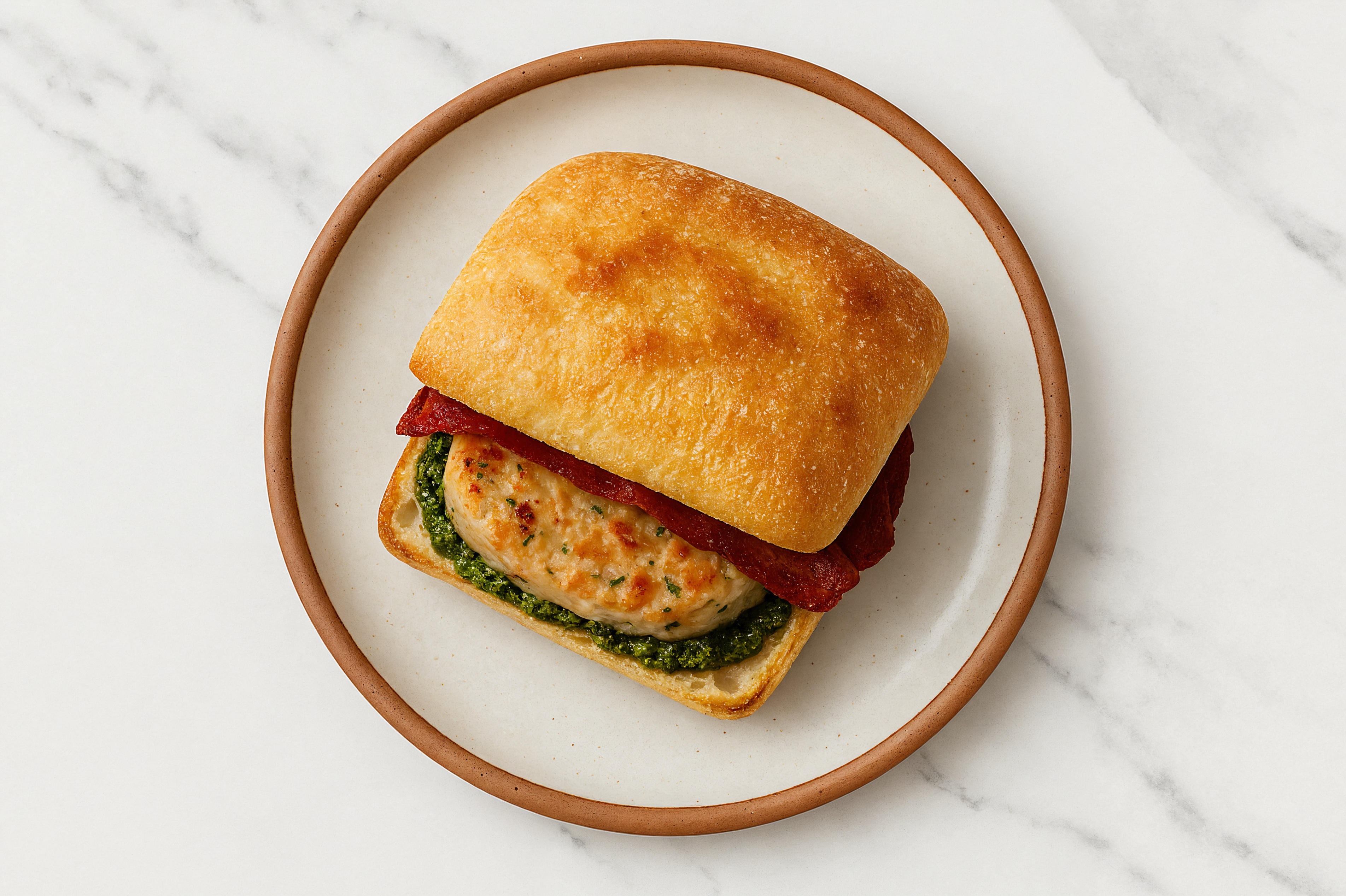 Garlic Chicken Burger on Ciabatta with Spinach Pesto & Turkey Bacon