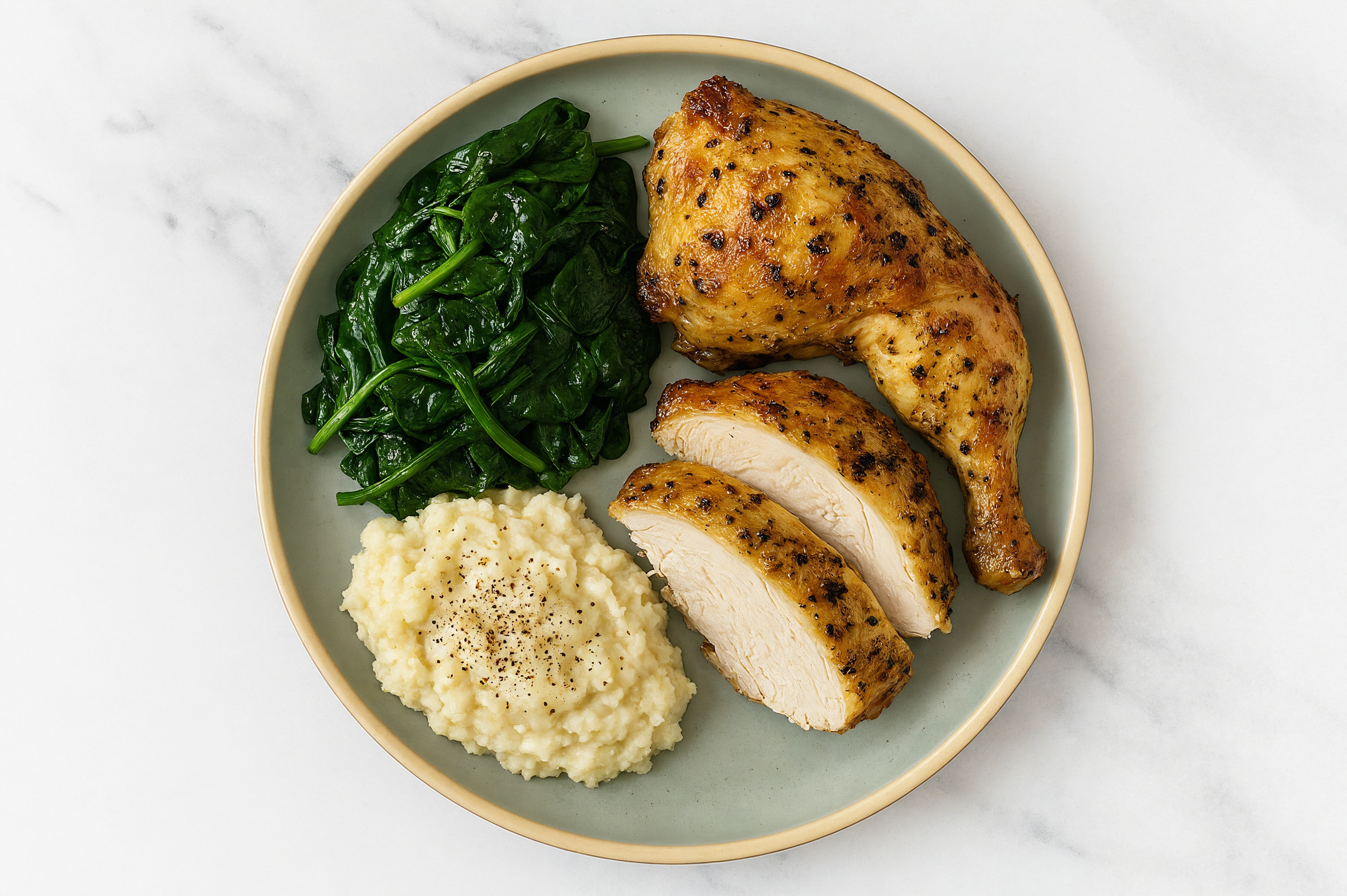 Juicy Lemon Pepper Chicken with Cauli Mash + Baby Spinach