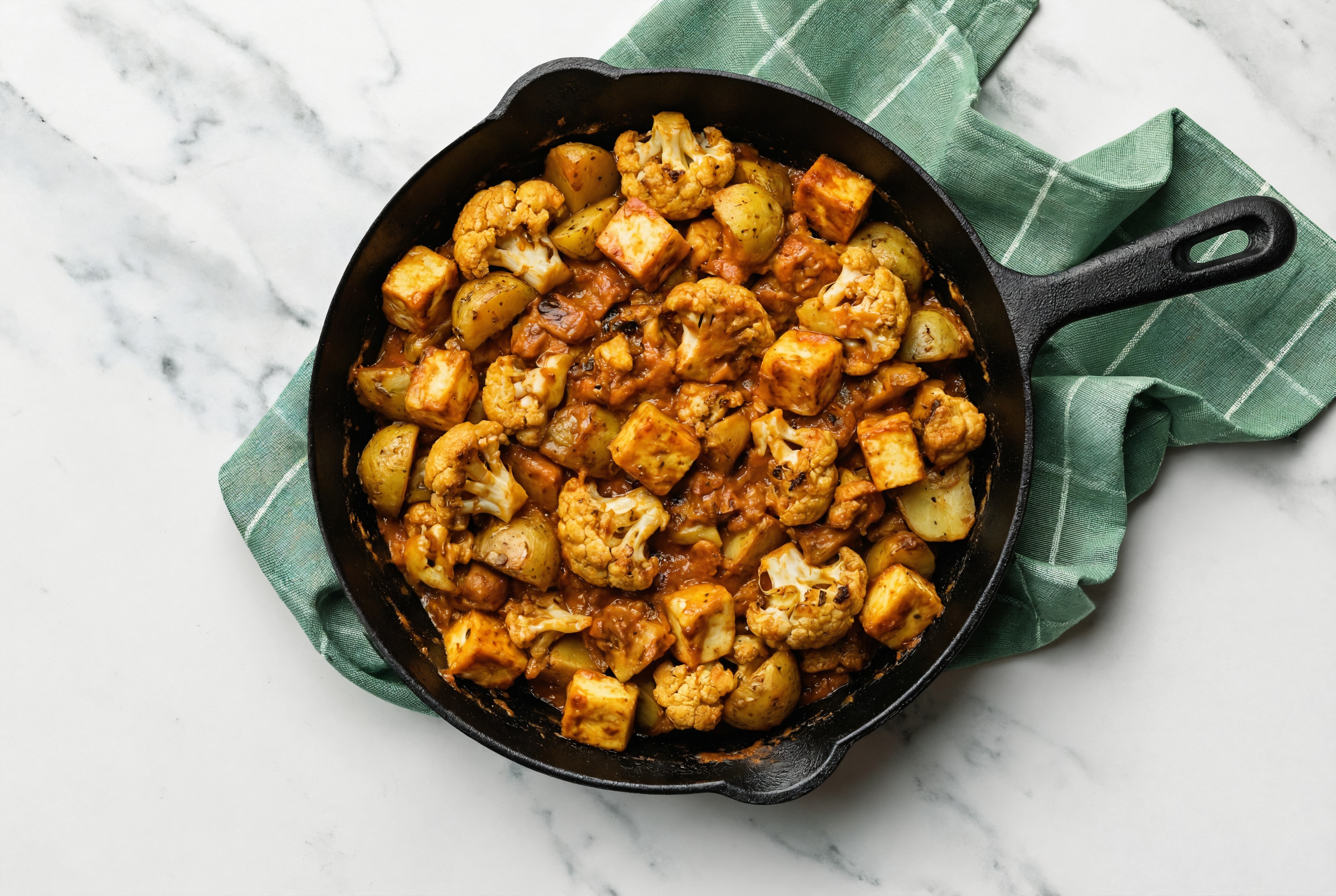 Soft & Creamy Paneer Tikka Masala Sauce with Cauliflower Florets + Rosemary Potatoes