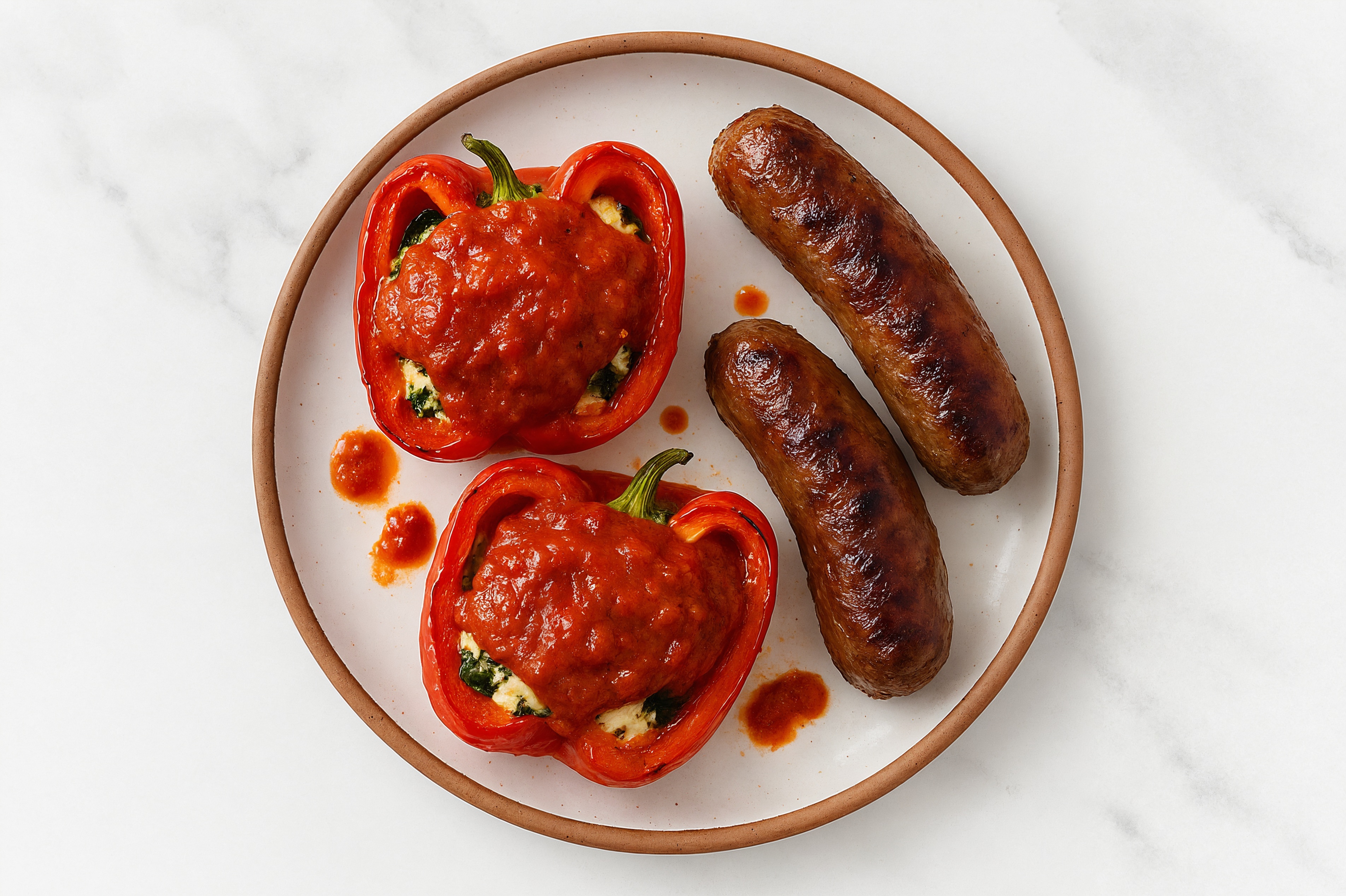 Rustic Italian Sausage + Stuffed Organic Peppers Italiano with Baby Spinach