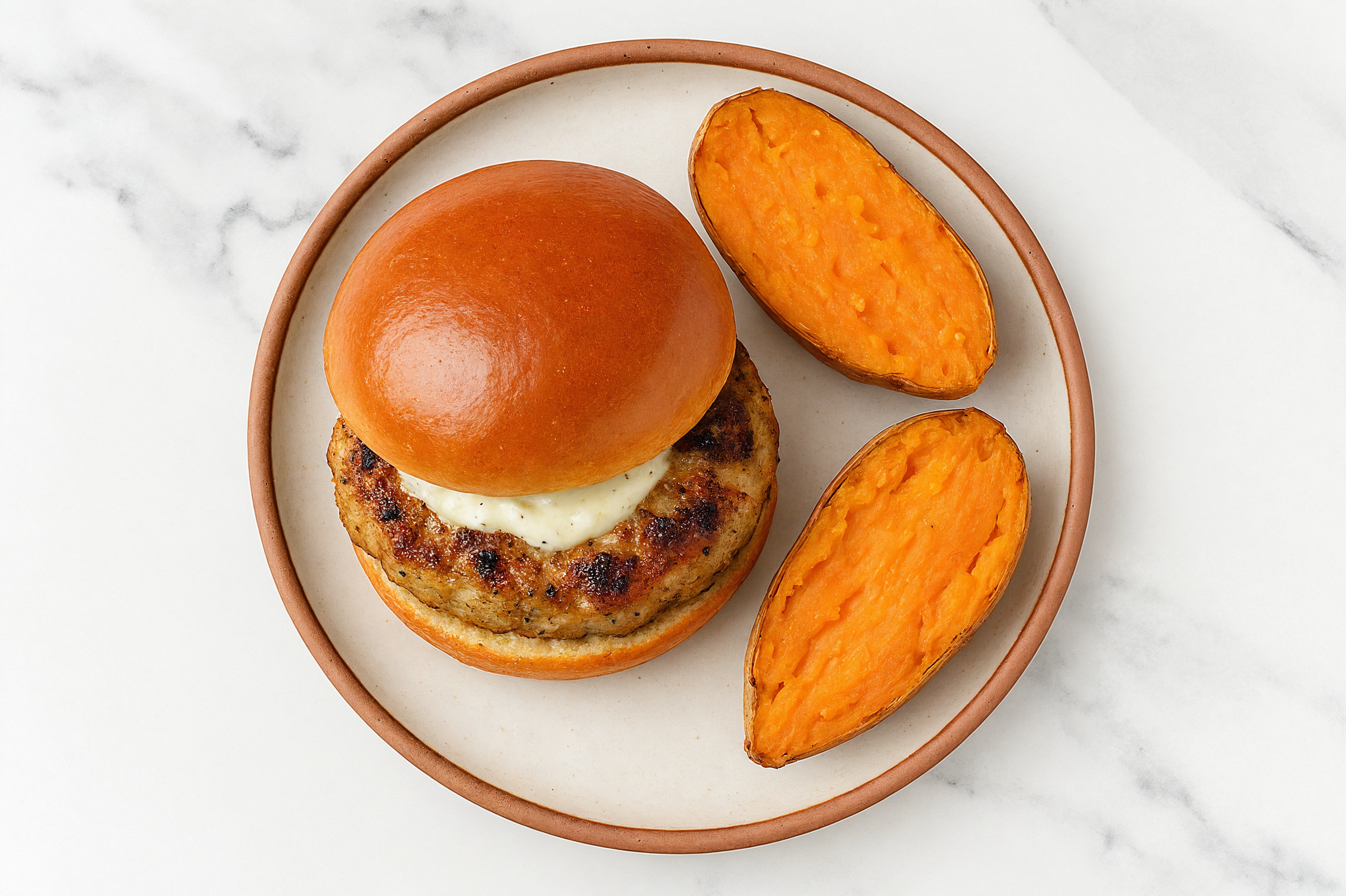 Bacon Chicken Burger with Sweet Potato & Dairy-Free Tzatziki