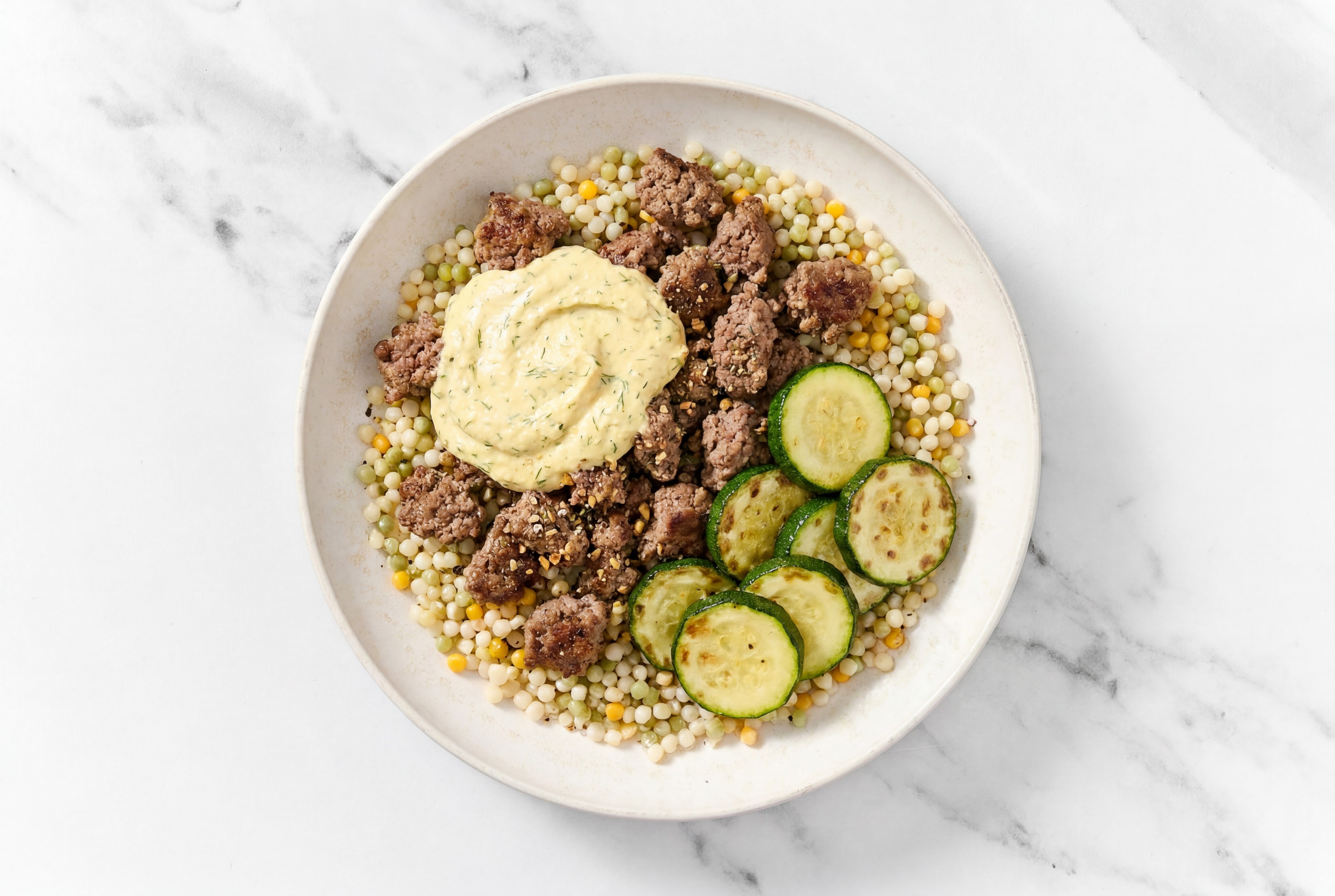 Beef, Couscous, Zucchini, Lemon Dill Hummus Bowl