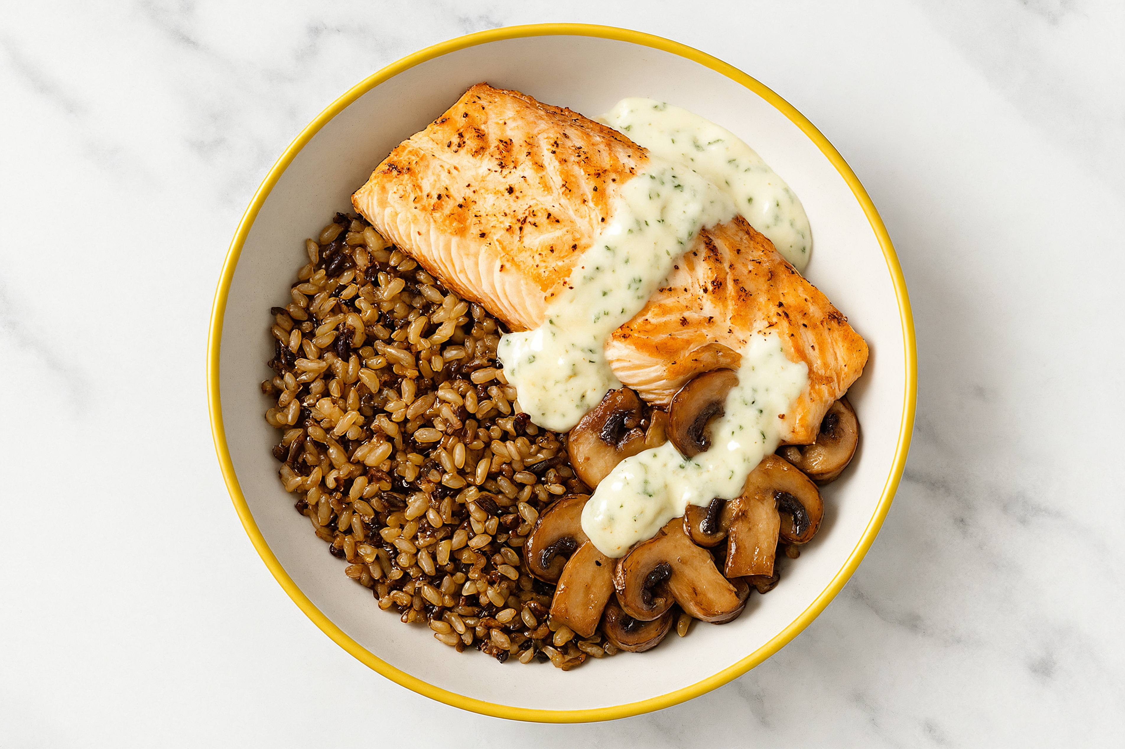 Steelhead Trout & Mushroom Grain Bowl with Garlic Sauce