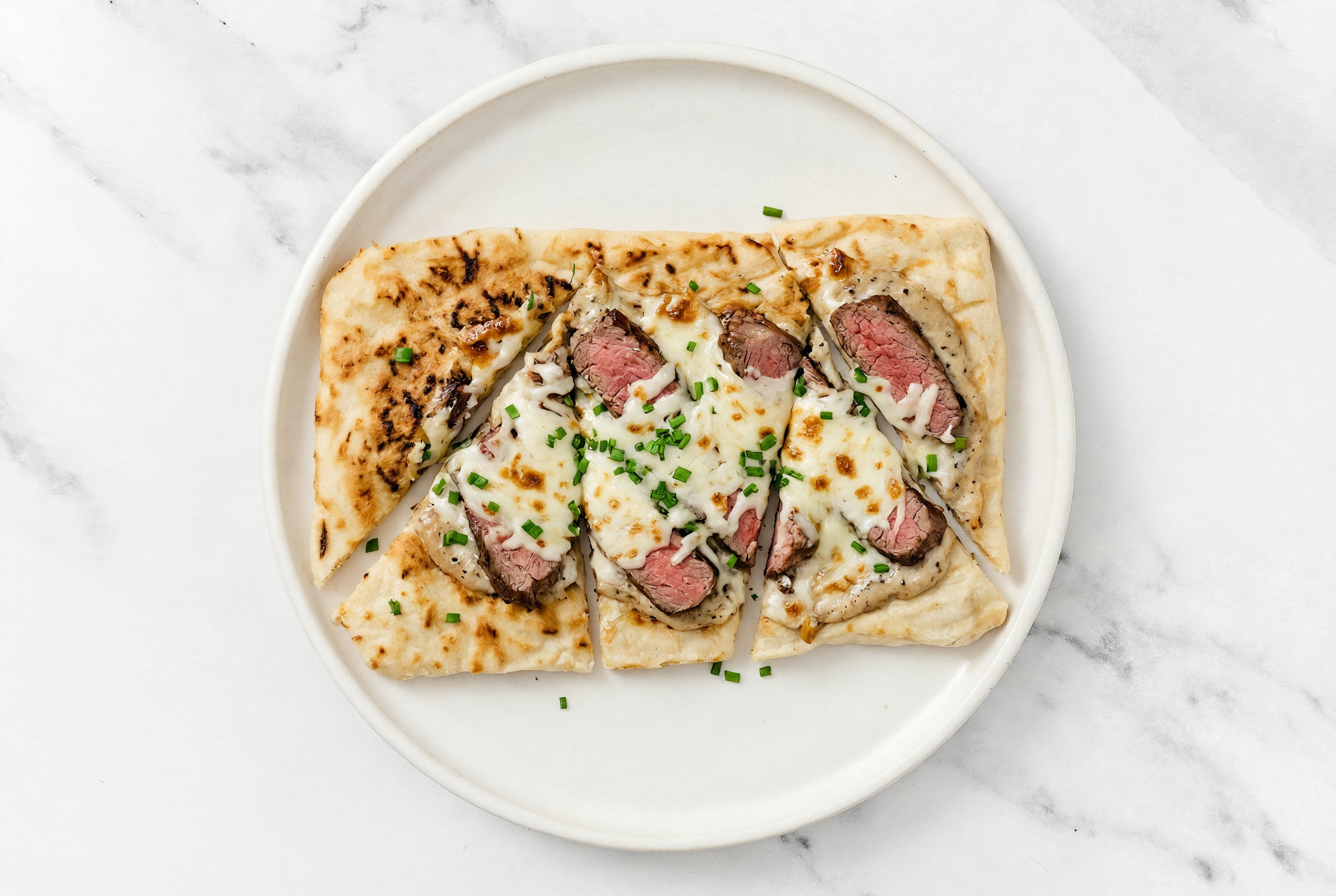 Umami Truffle Seasoned Sirloin Grilled Pizza with "Mozzarella" + Fresh Chives