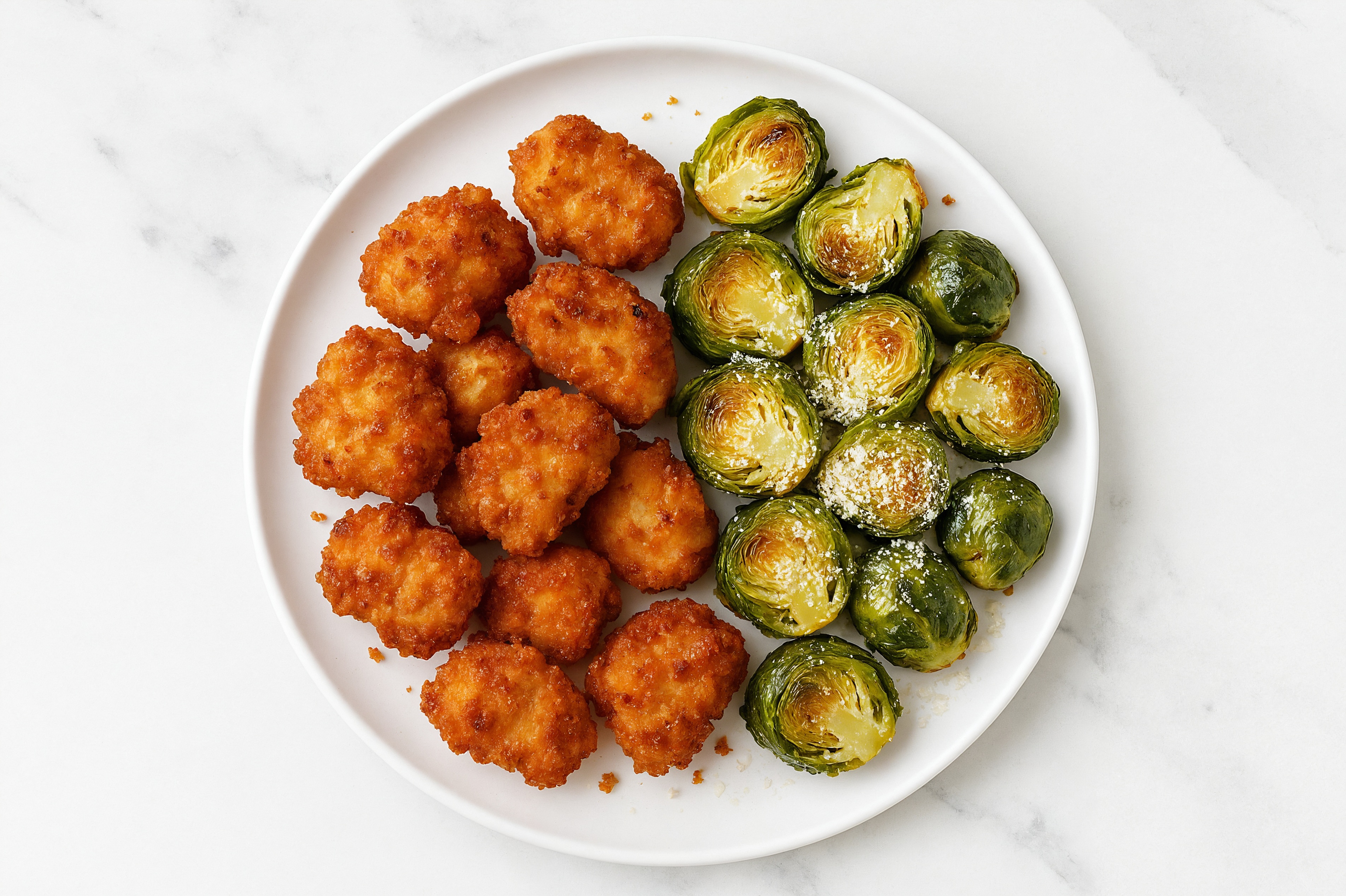 Chicken Nuggets + Crispy Parmesan Brussels