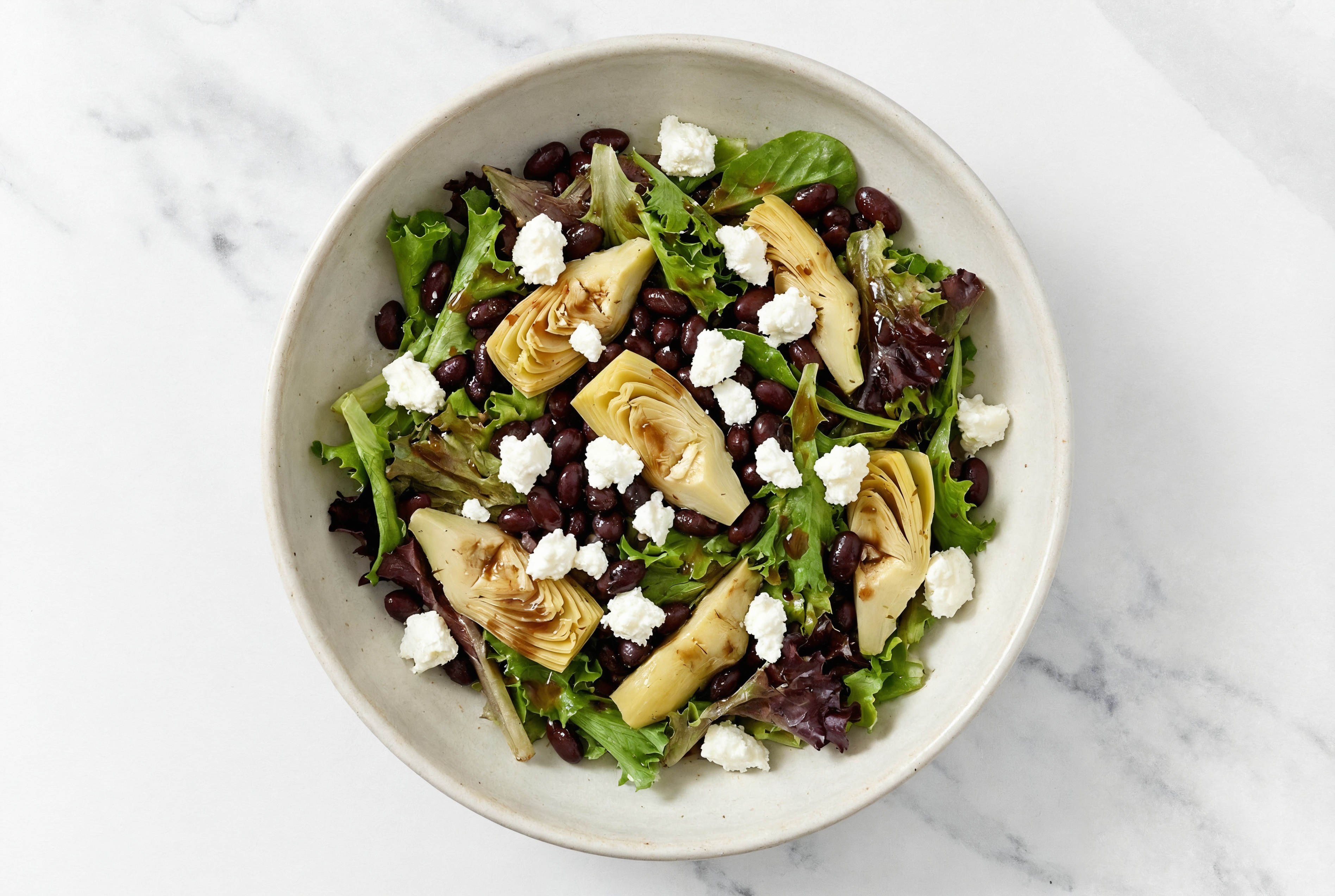 Mediterranean Salad with Artichoke Hearts, Sheep Cheese + Black Bean Beans