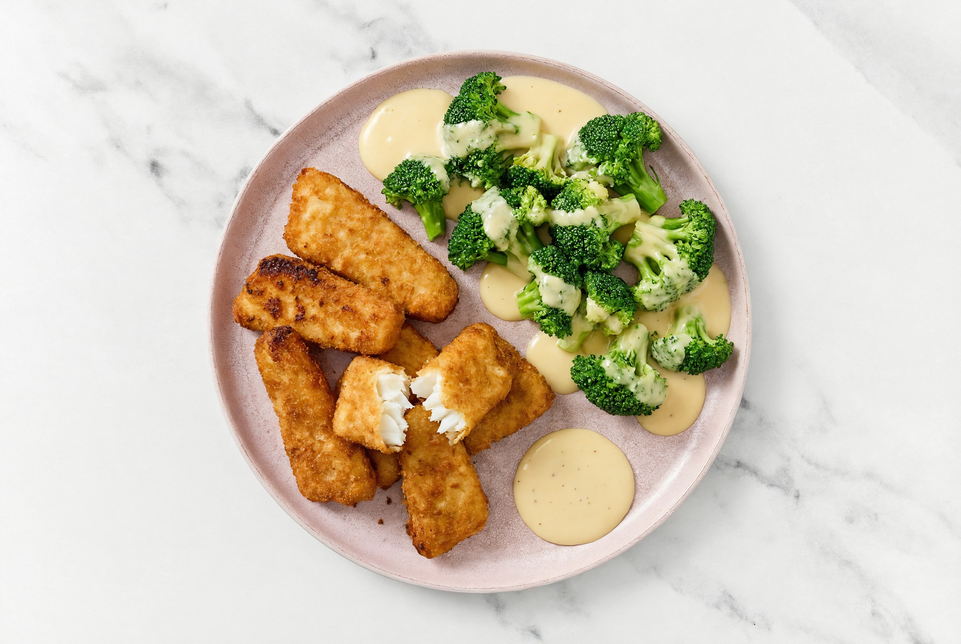 Oven Fried Fish + Cheesy Broccoli with Miso Caesar Dressing & Drizzle