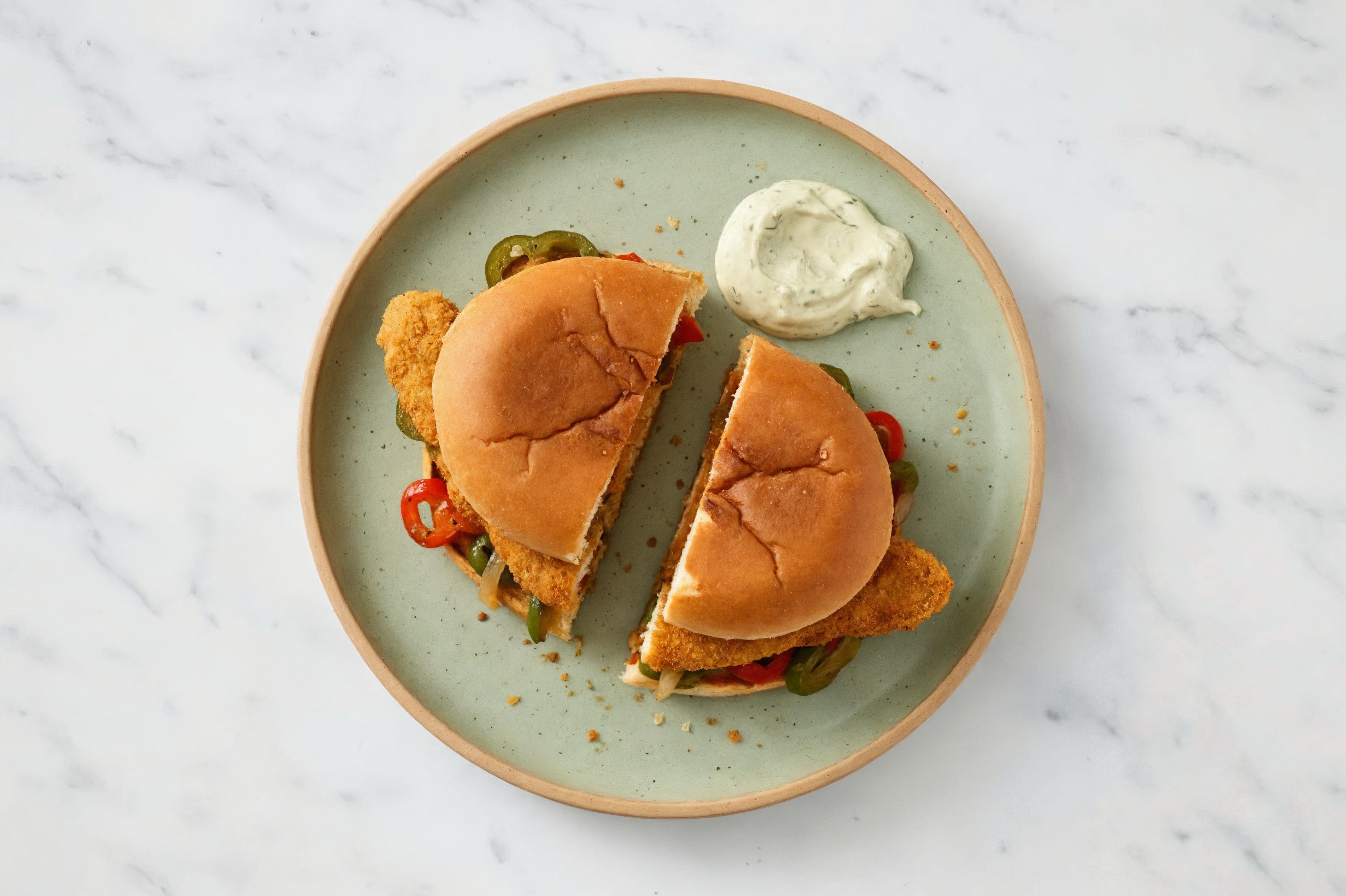 Dill Pickle "Chicken" Tenders Sandwich with Peppers + Onion on Gluten-Free Buns