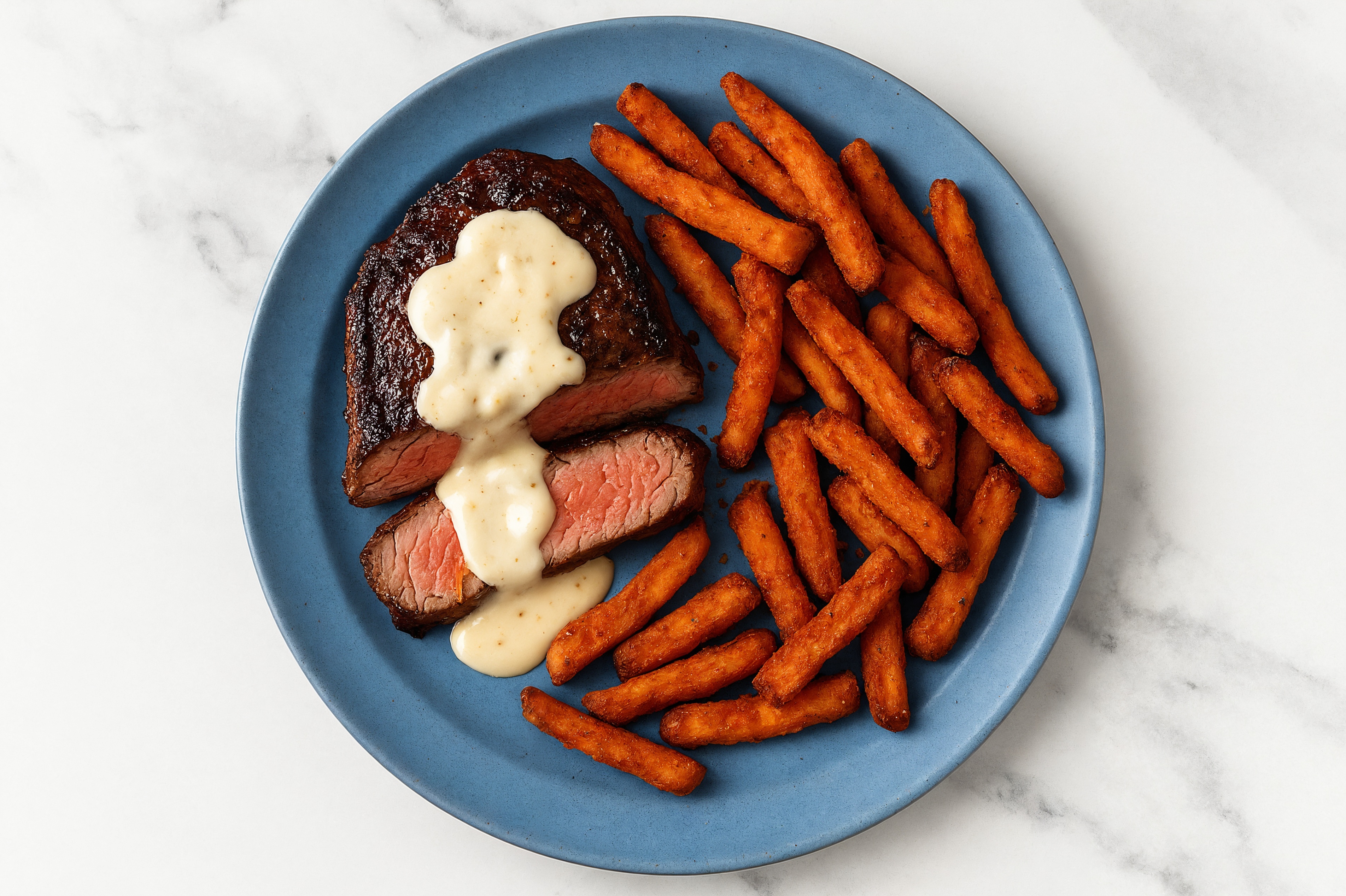 New York Strip with Garlic Sauce + Sweet Potato Fries