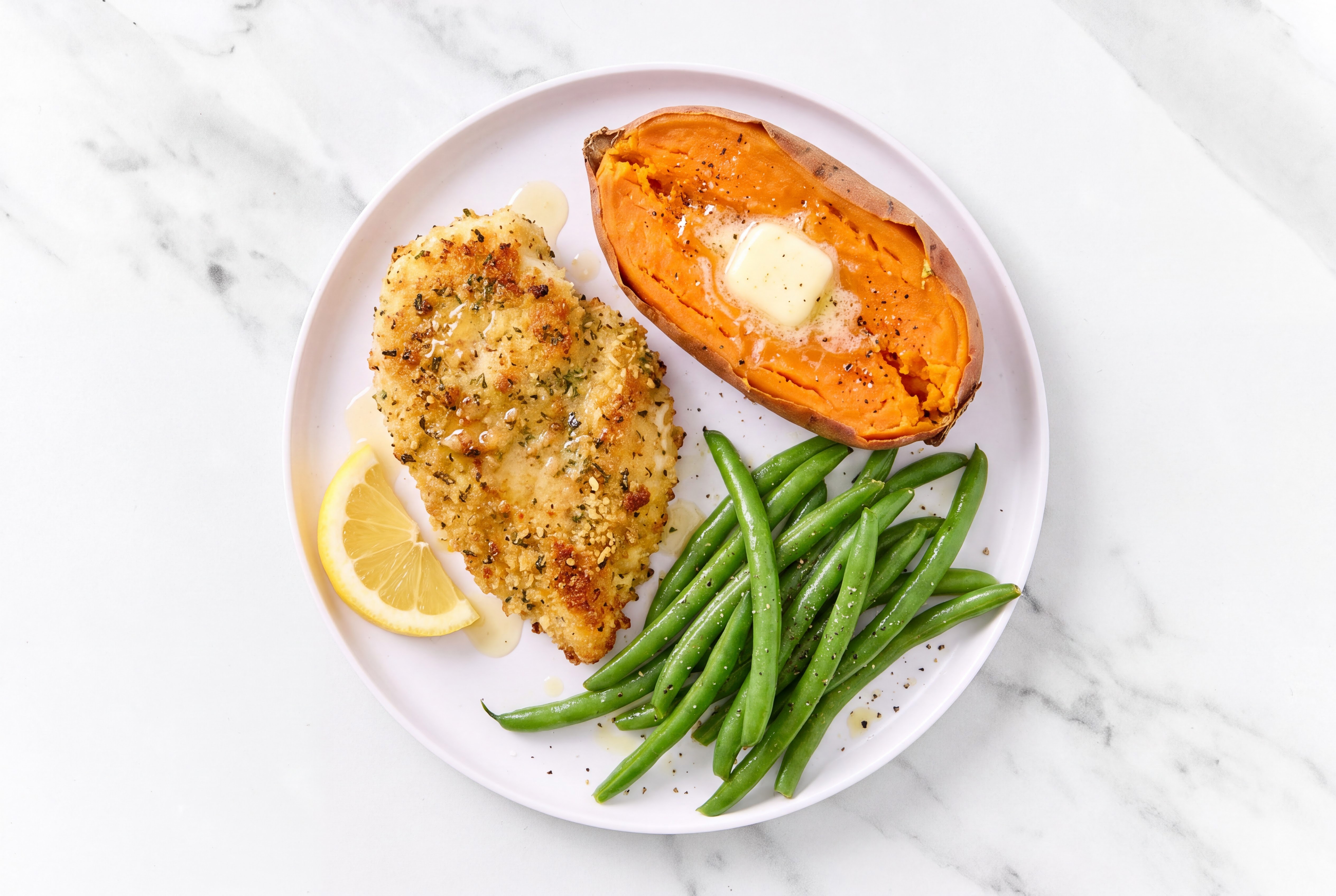 Lemon Parmesan Breaded Chicken Cutlet with Organic Green Beans & Sweet Potato