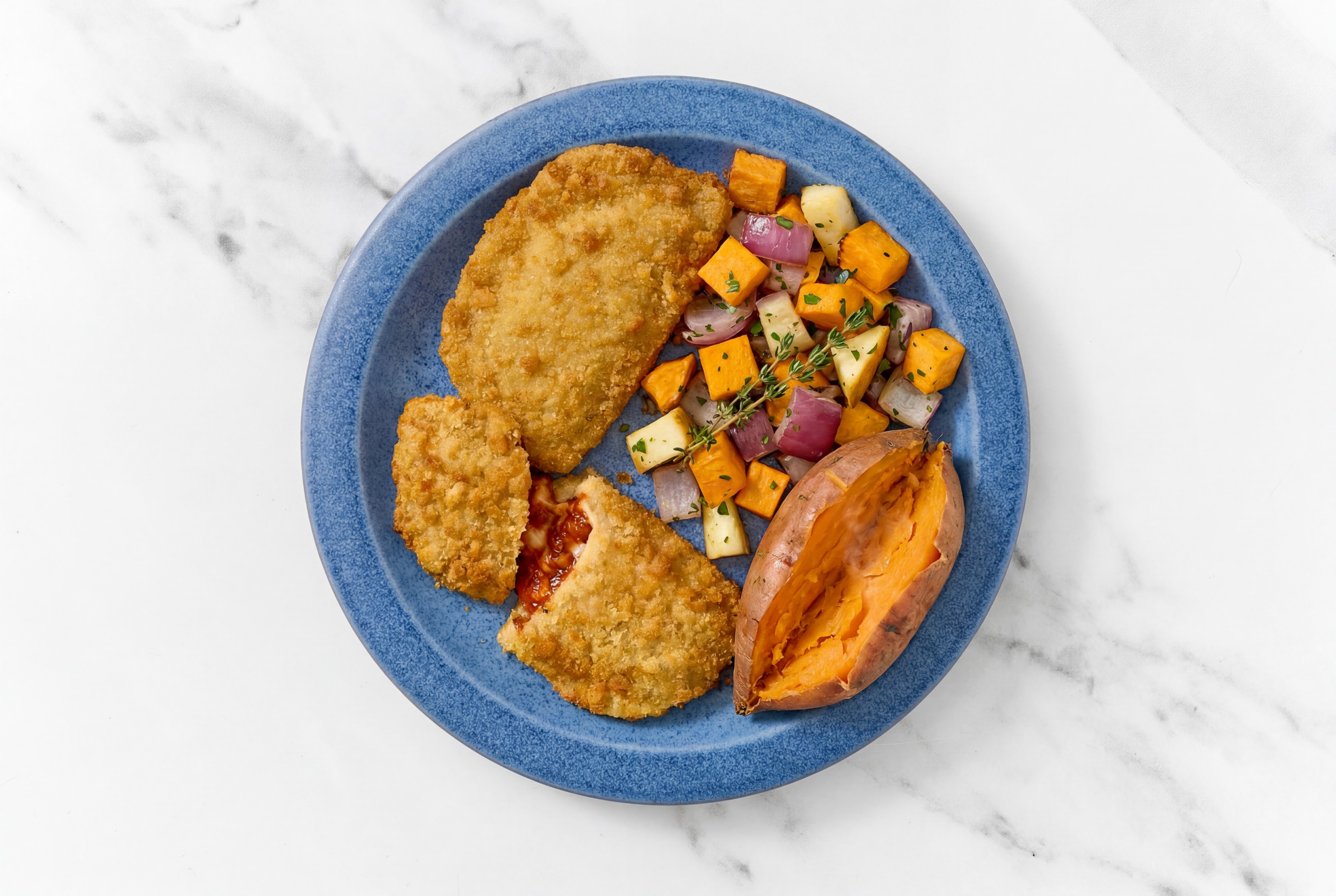 "Chicken" Parm with Roasting Veggies & Sweet Potato