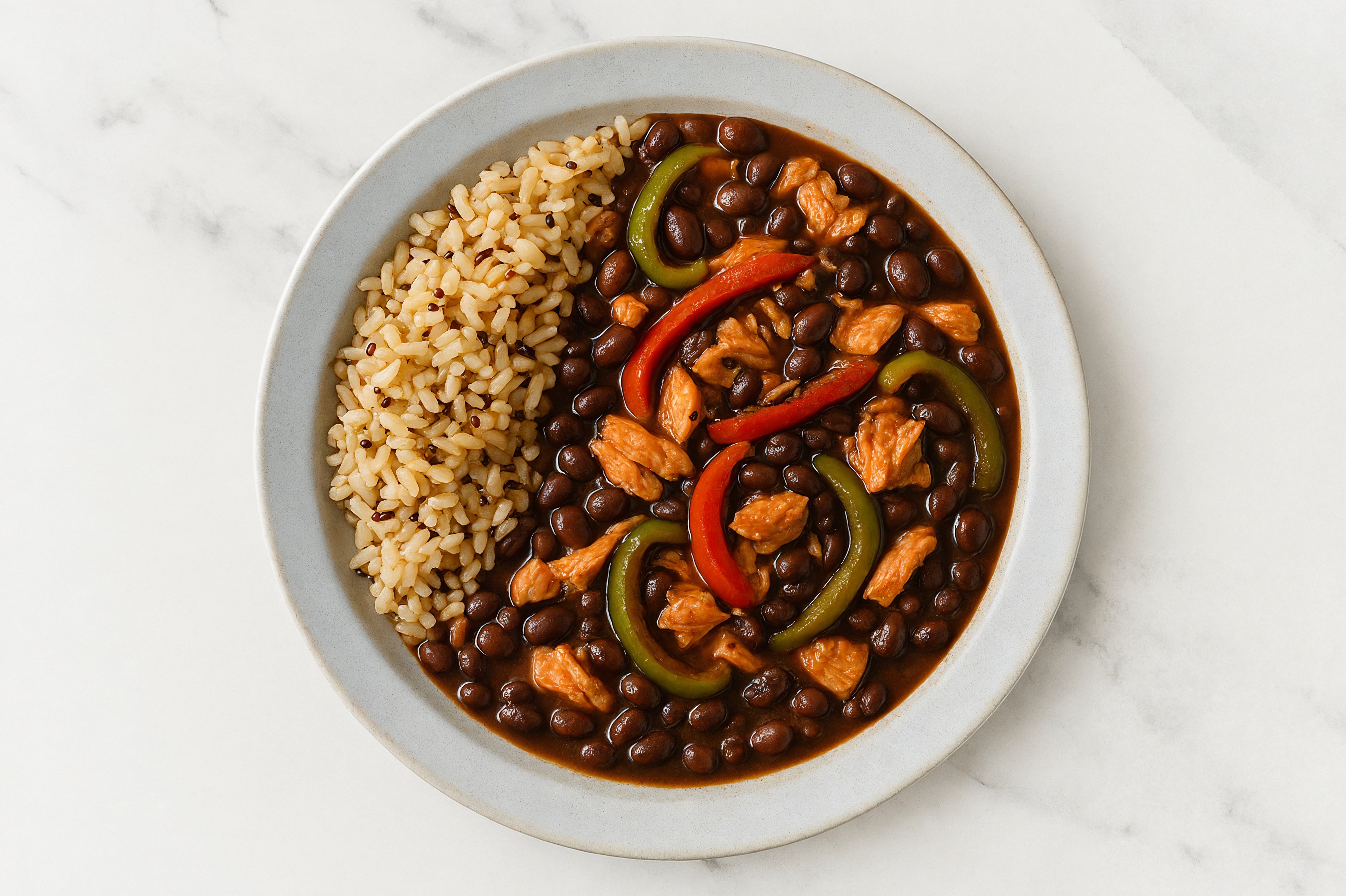 Salmon & Black Bean Stew with Veggies & Brown Rice with Bell Pepper Onion Saute