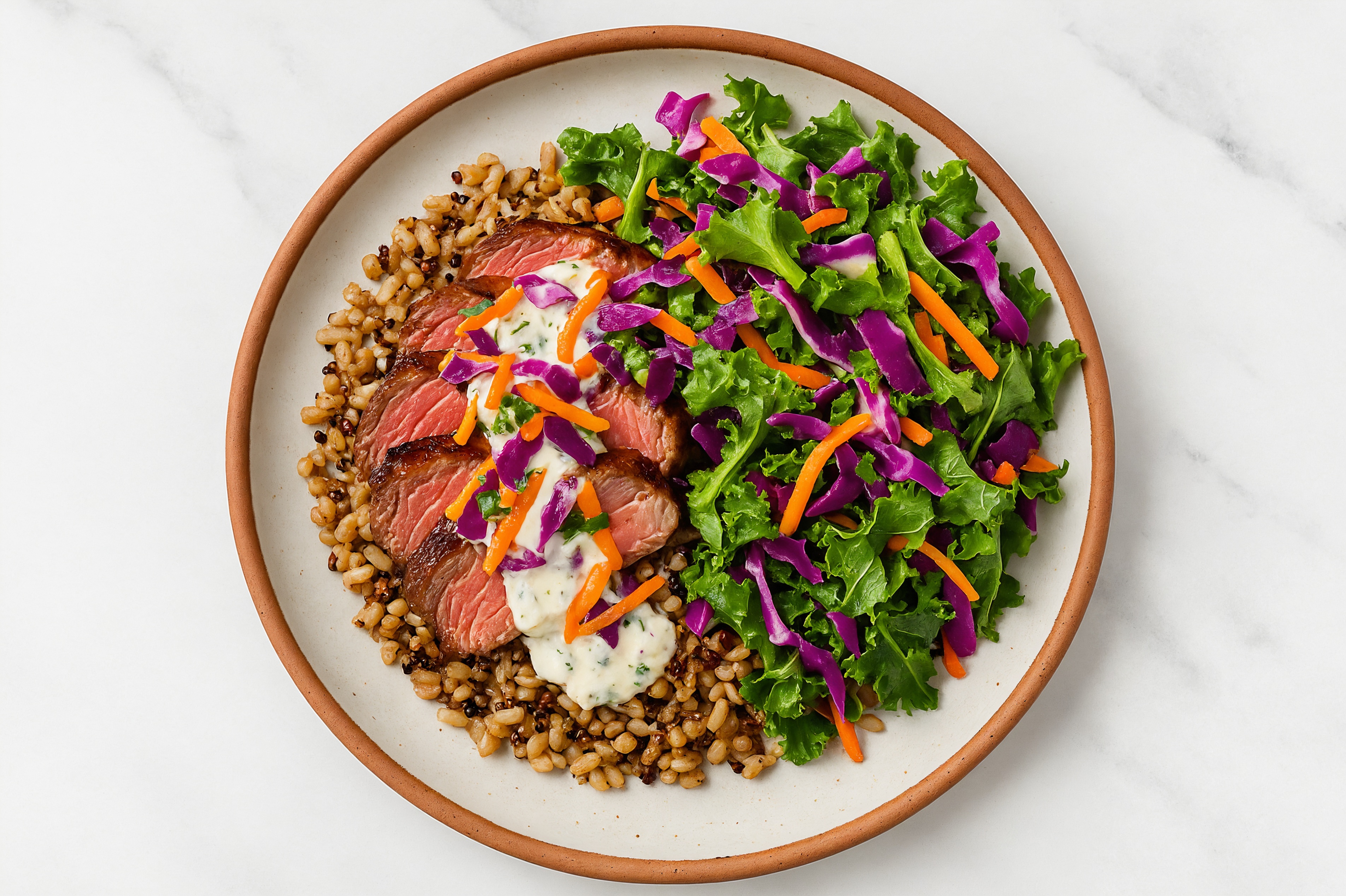 Wagyu Filet Mignon & Rainbow Veggie Grain Bowl with Tzatziki