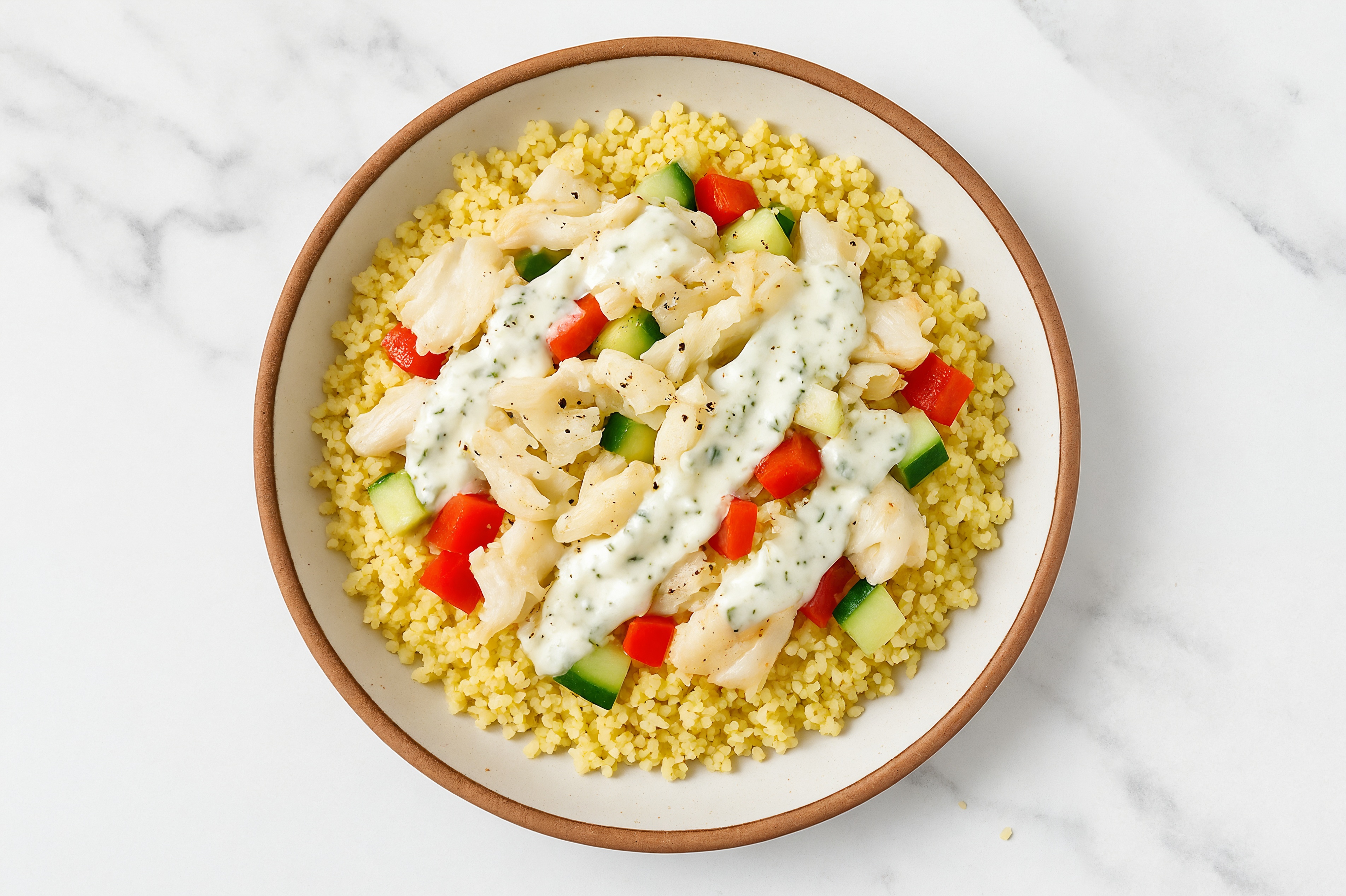  Cod + Tzatziki Veggie Bliss Bowl with Red Bell Pepper