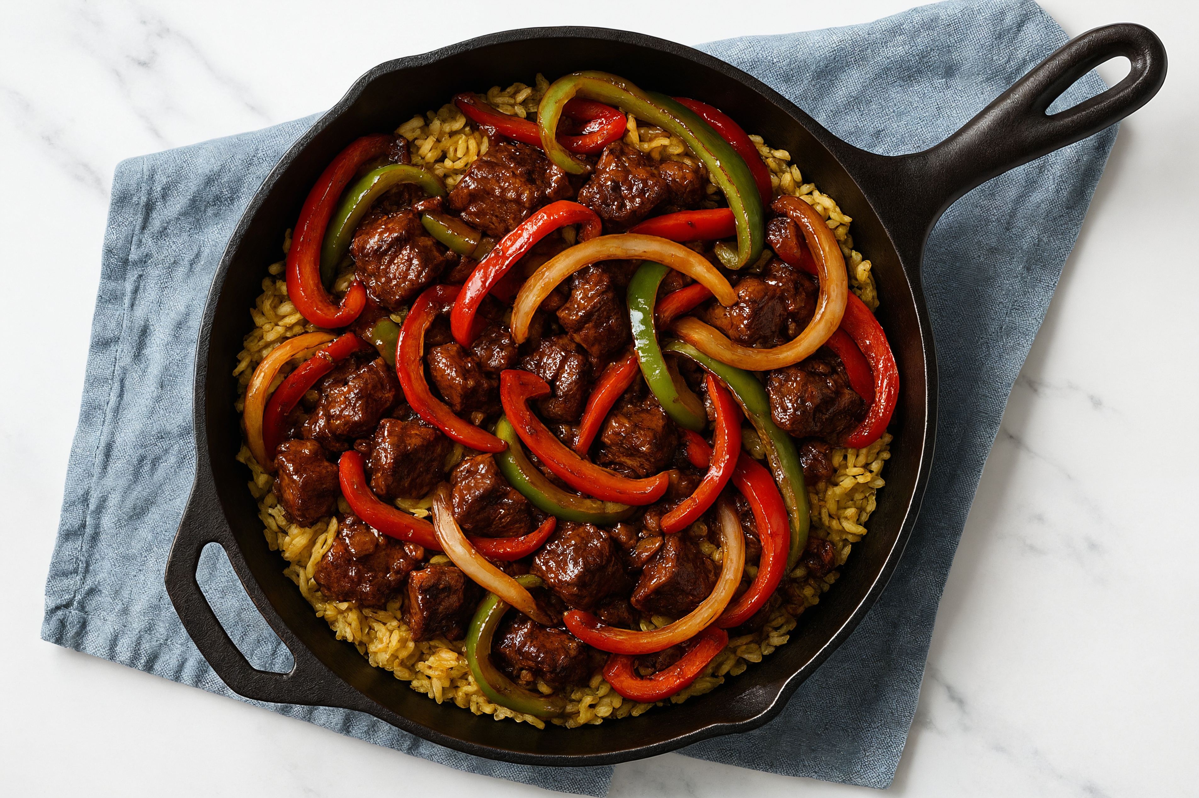 Japanese BBQ Short Rib Stir-Fry with Bell Peppers over Jasmine Rice