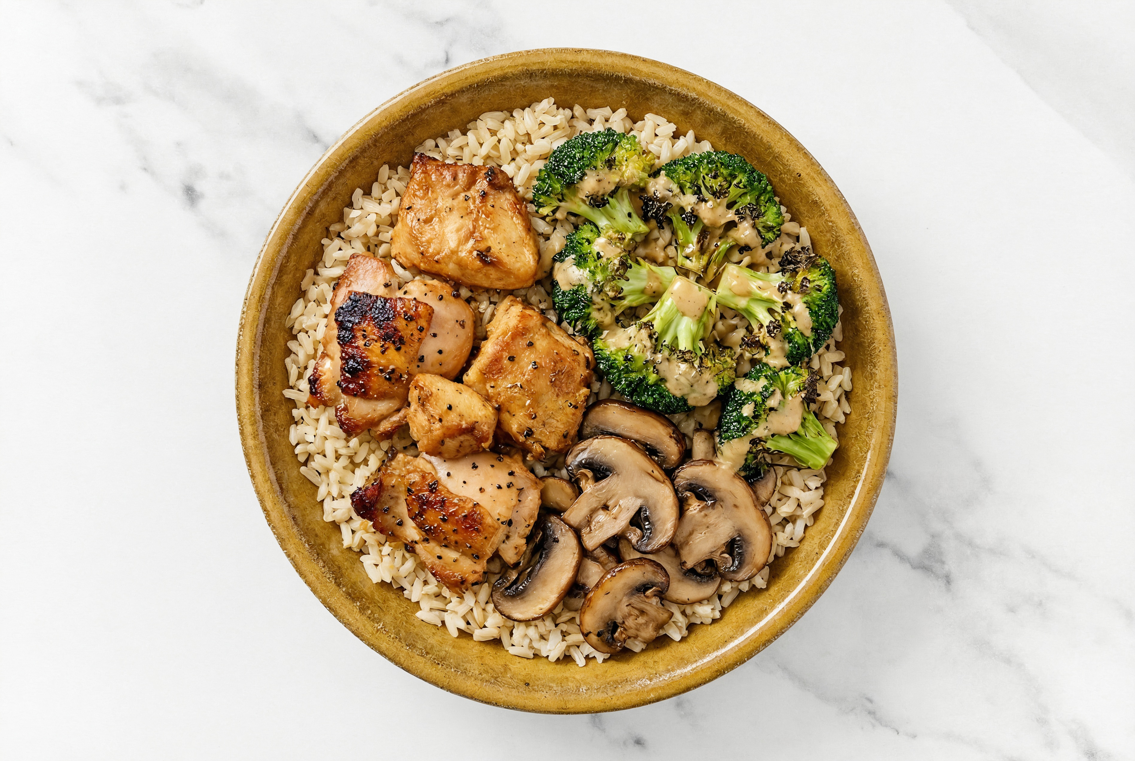 Rotisserie Chicken Grain Bowl with Mushrooms, Broccoli + a Drizzle of Miso