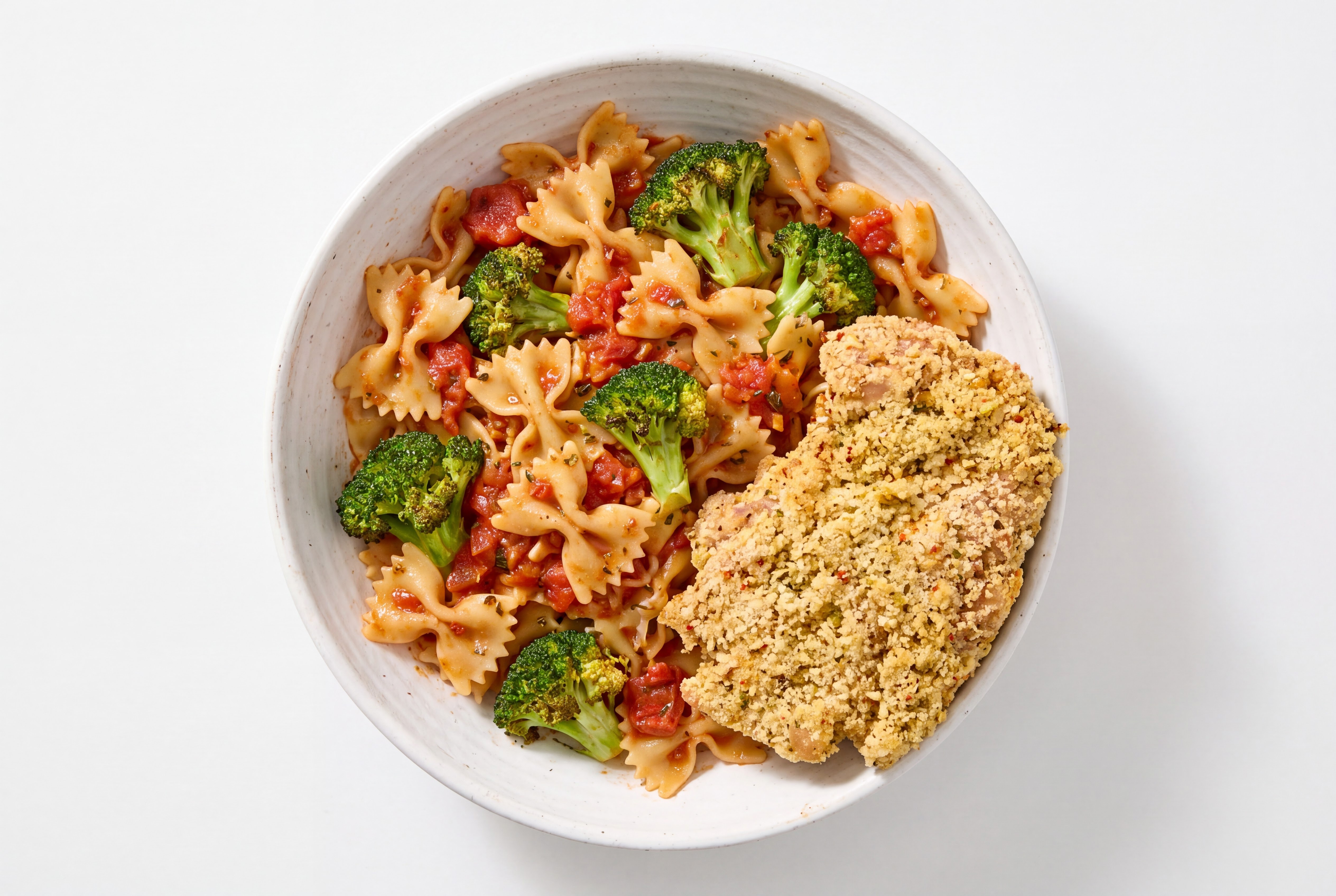 Crispy Garlic Chicken over Marinara Farfalle with Broccoli