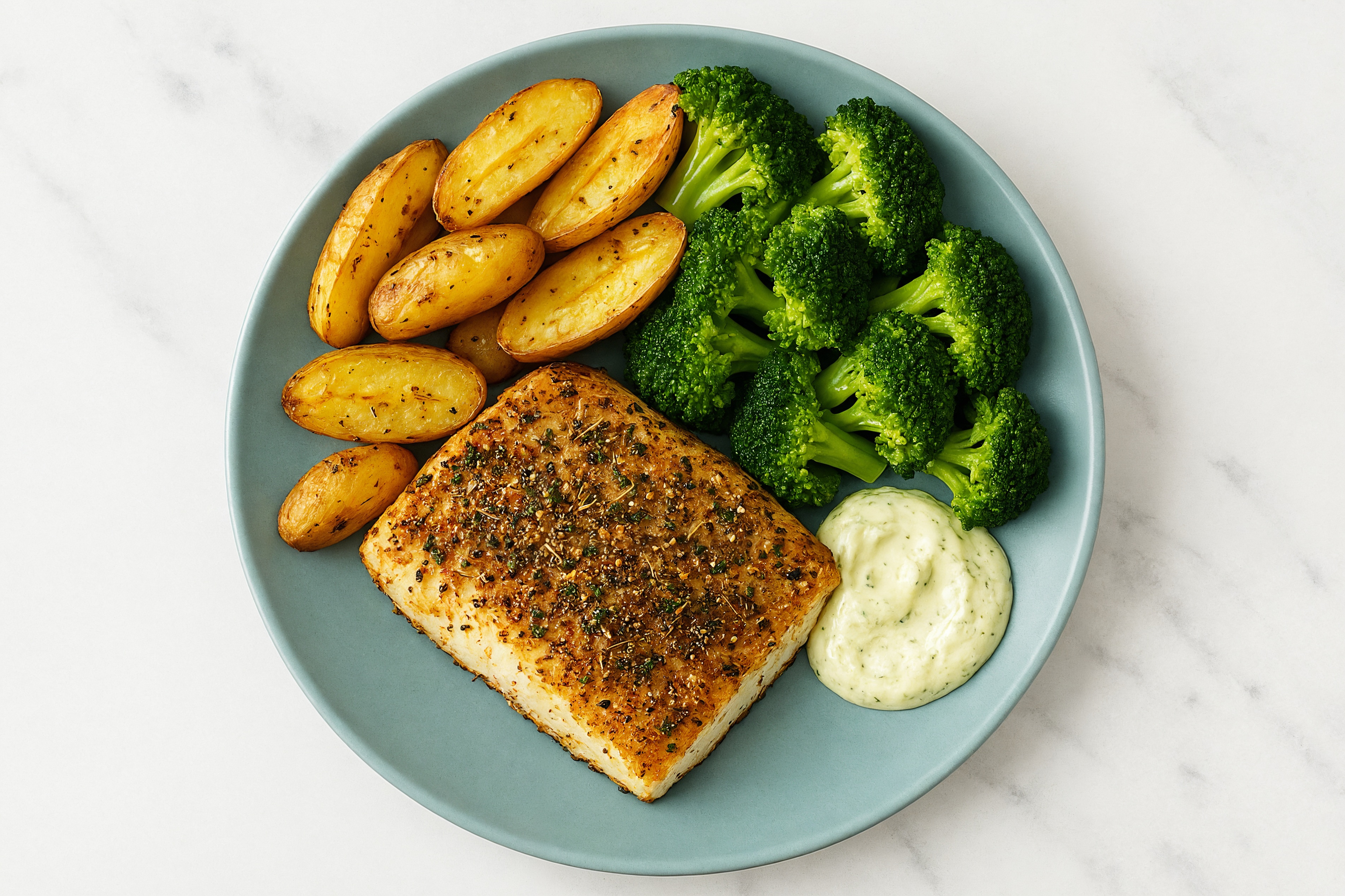 Halibut + Organic Broccoli Bowl with Creamy Garlicky Sauce