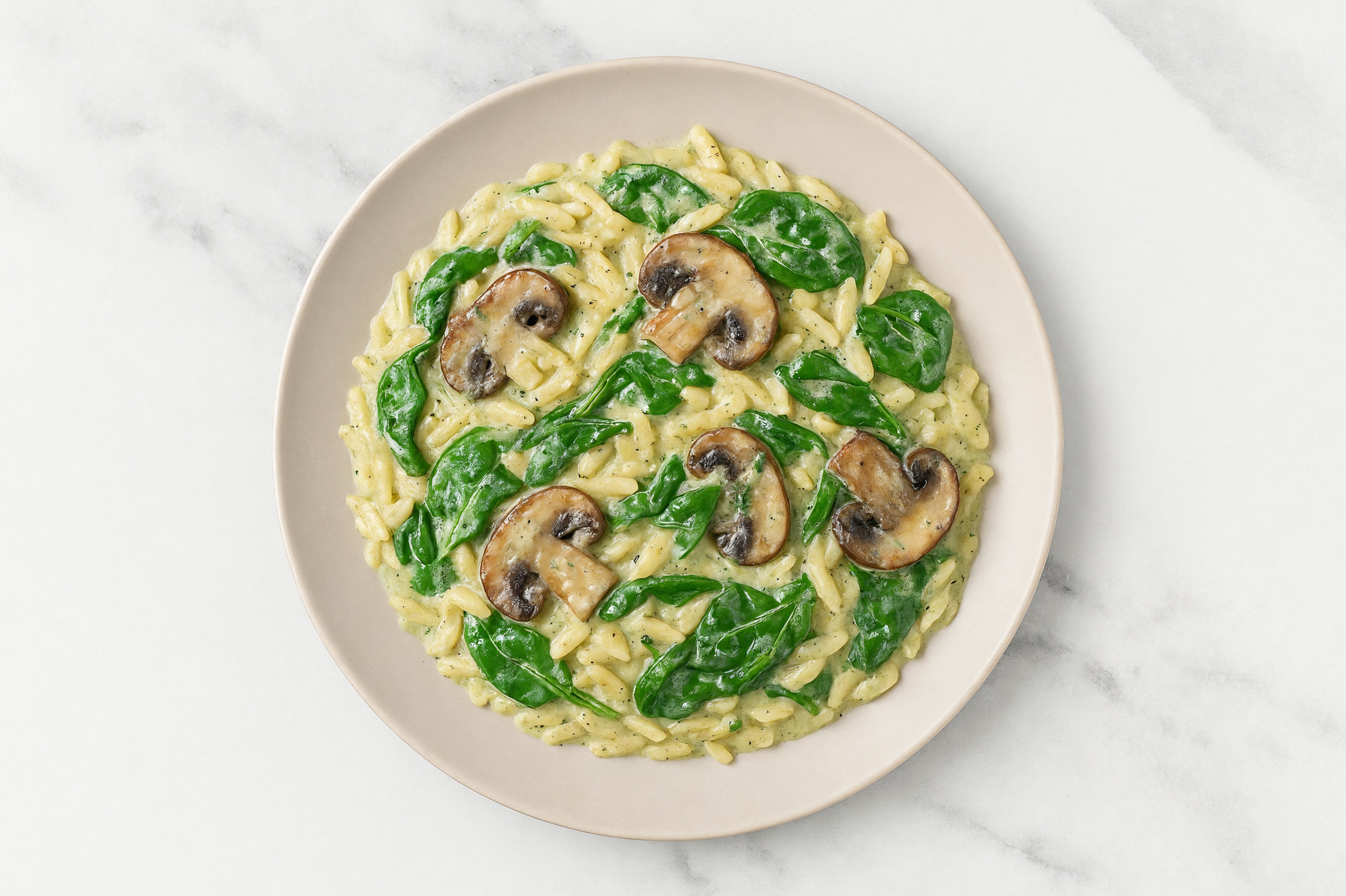 Creamy Herb White Sauce Mushroom + Spinach Orzo