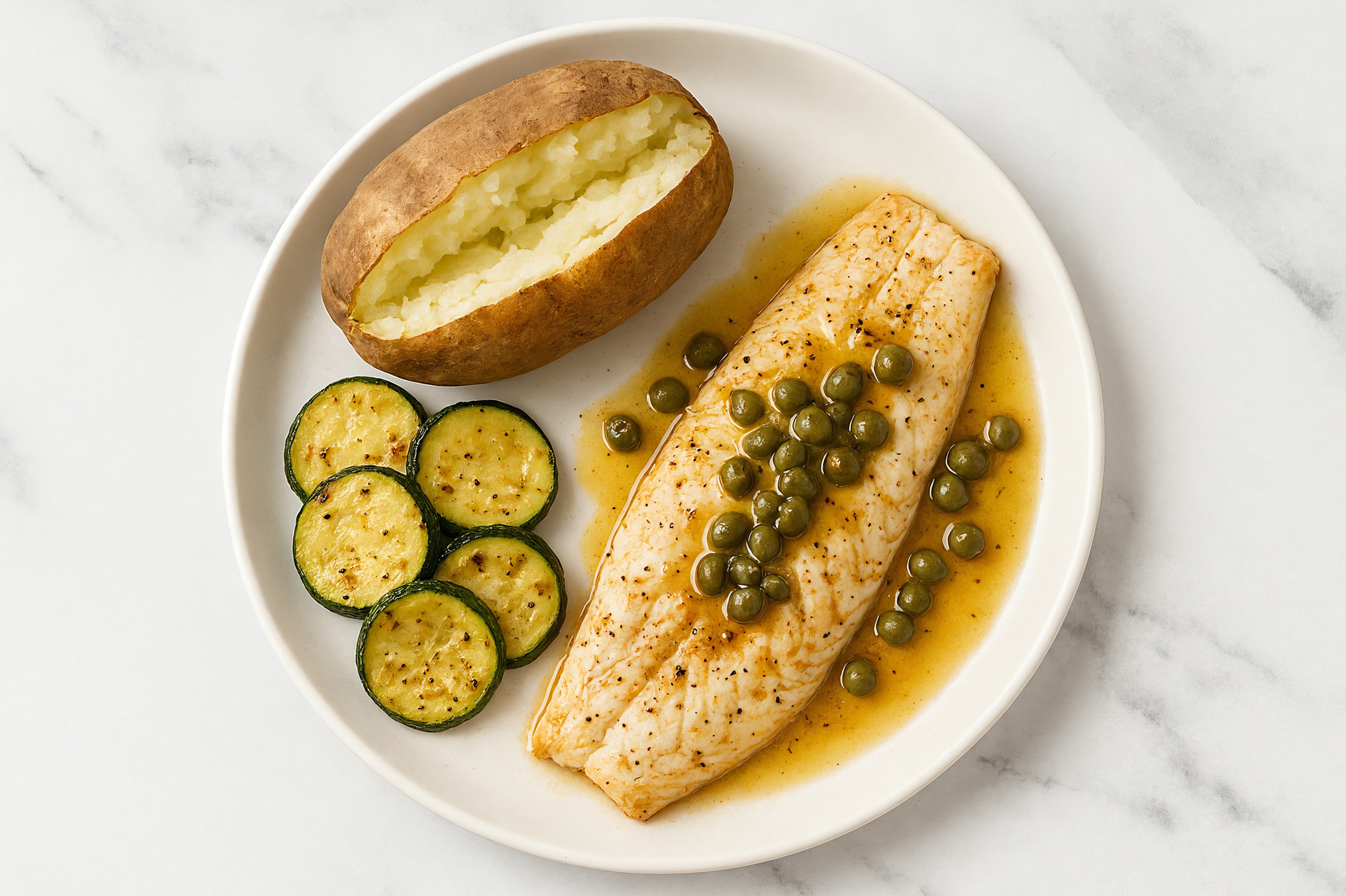 Caper-Slow Churned Pasture Butter Trout with Russet Potato & Zucchini