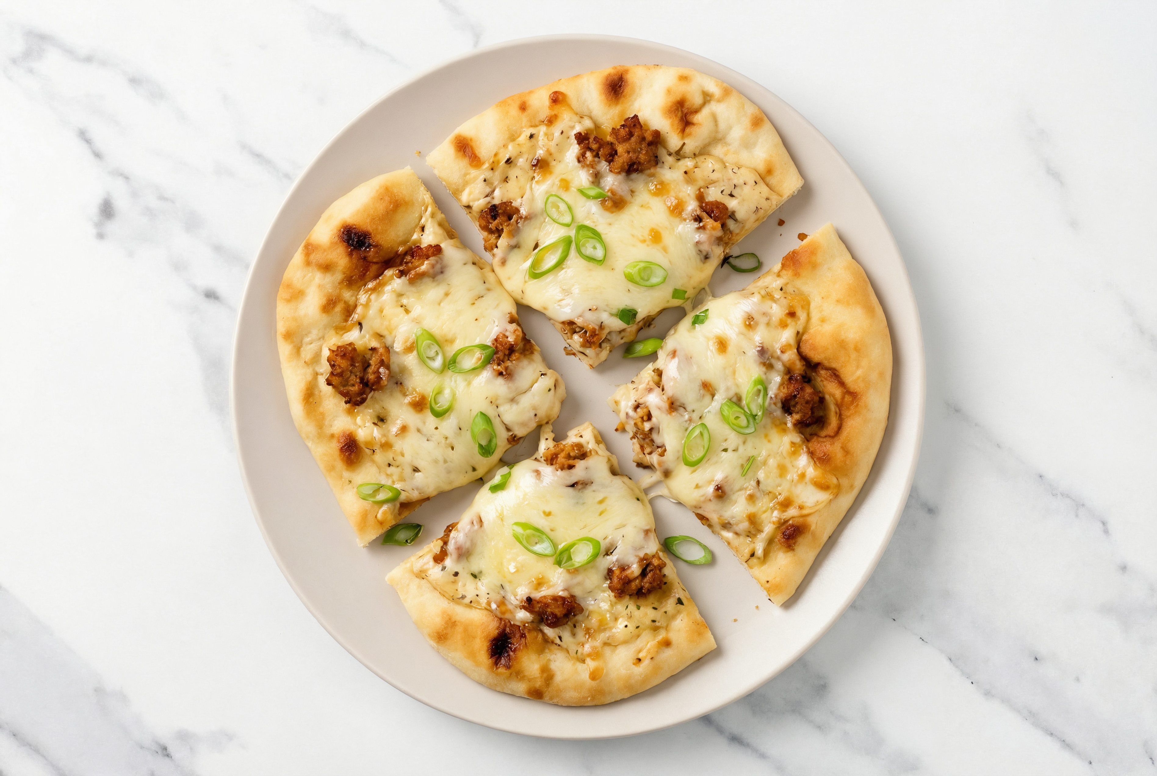 Sweet Onion Spicy Turkey Naan Pizza with Mild Havarti + Fresh Scallions