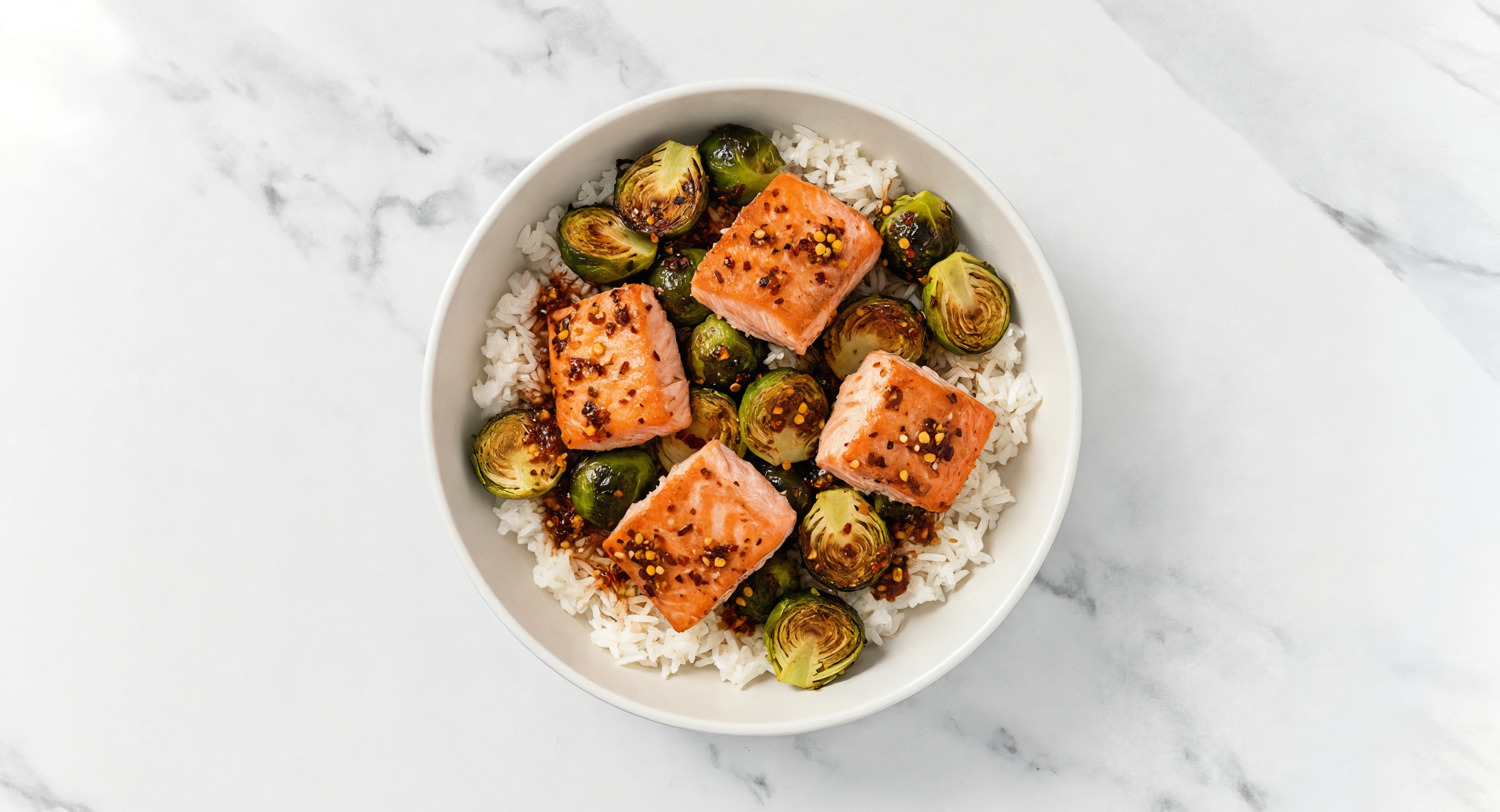 Air Fryer Chili Crisp Salmon + Brussels with Long Grain White Rice