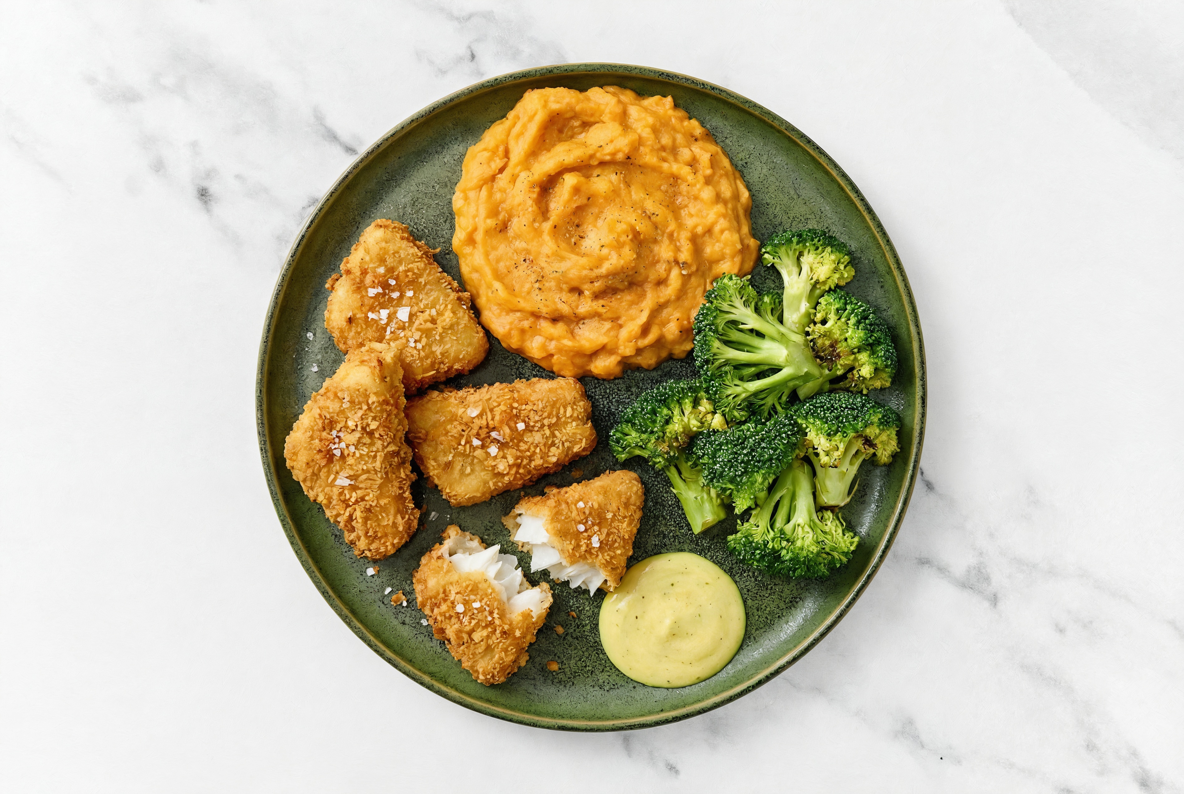  Honey Mustard Air Fryer Fish Nuggets + Sweet Potato Mash with Broccoli Florets