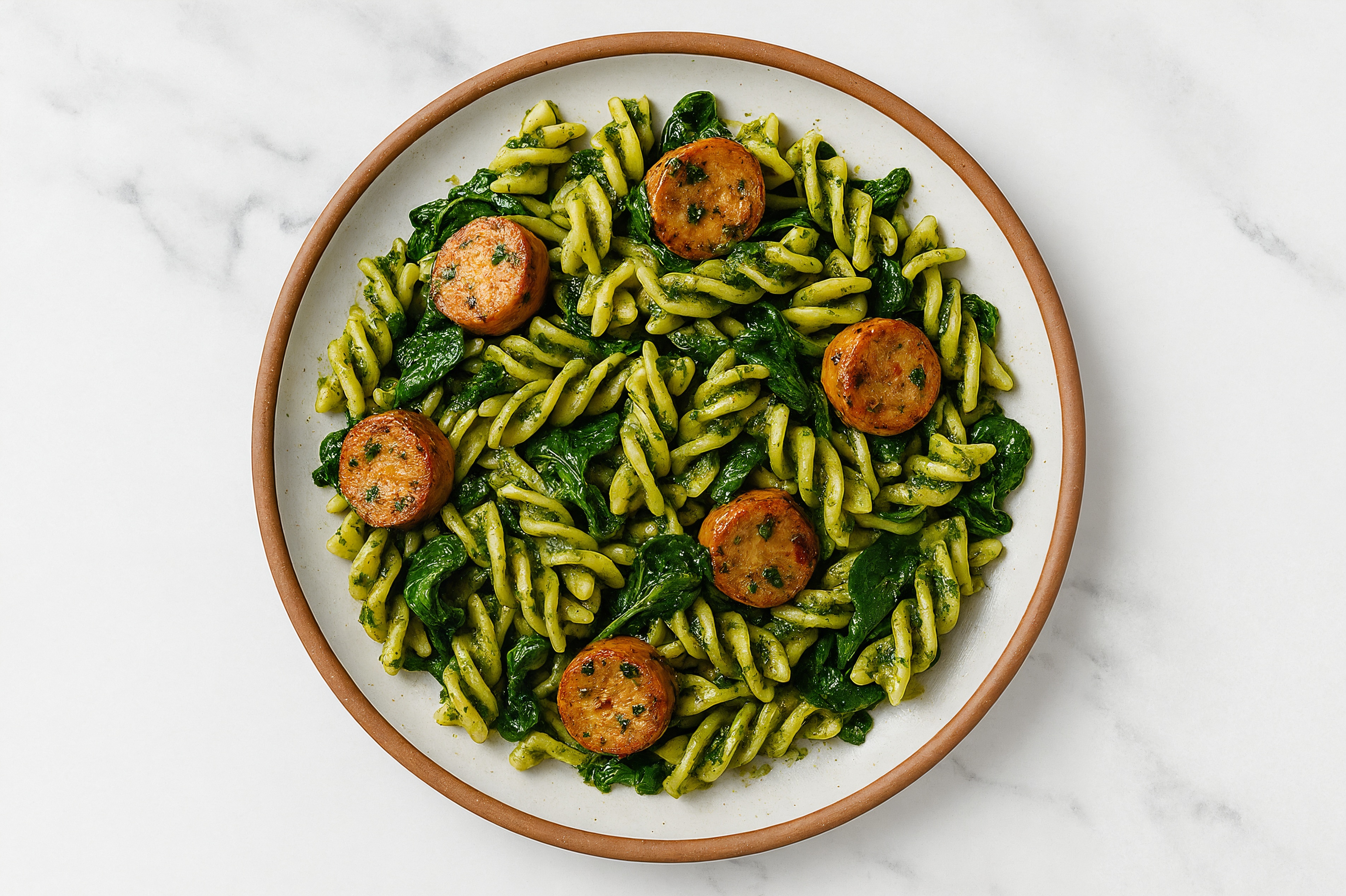 Spinach Pesto Fusilli with Chicken Sausage & Spinach