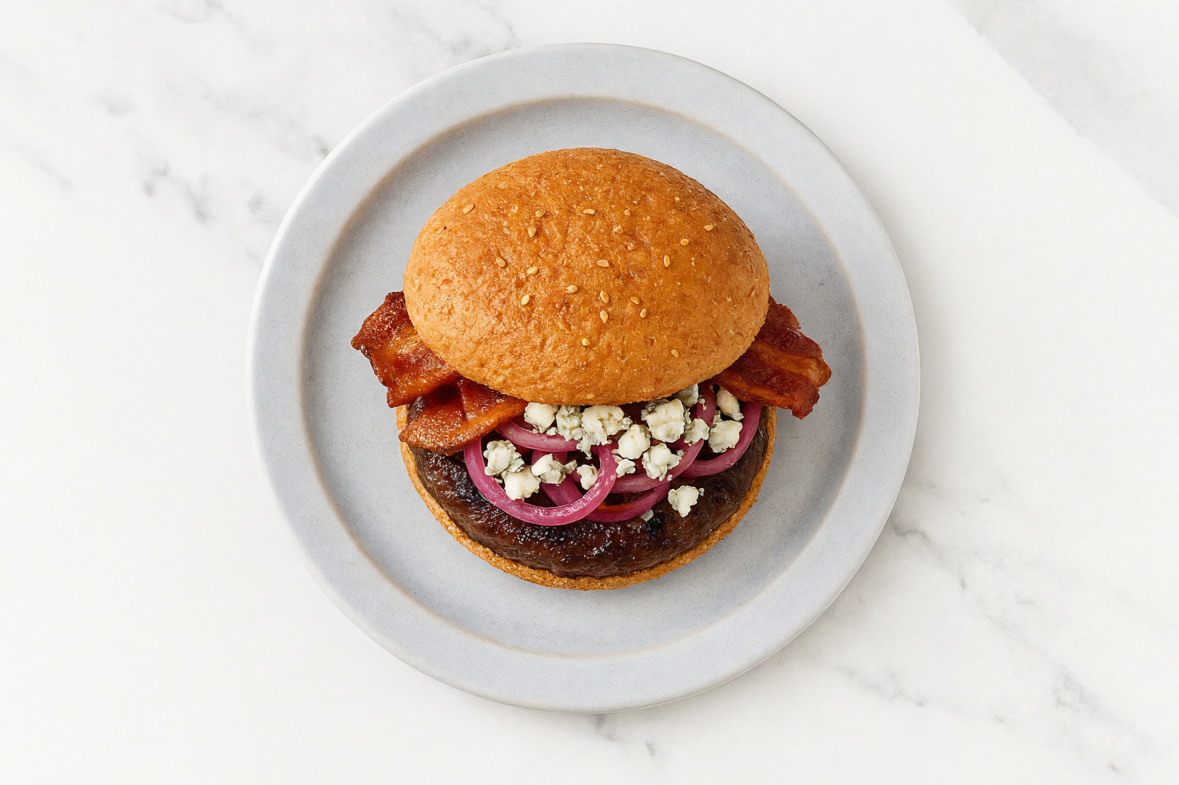 Tangy Applewood Smoked Pork Bacon + Blue Cheese Burger