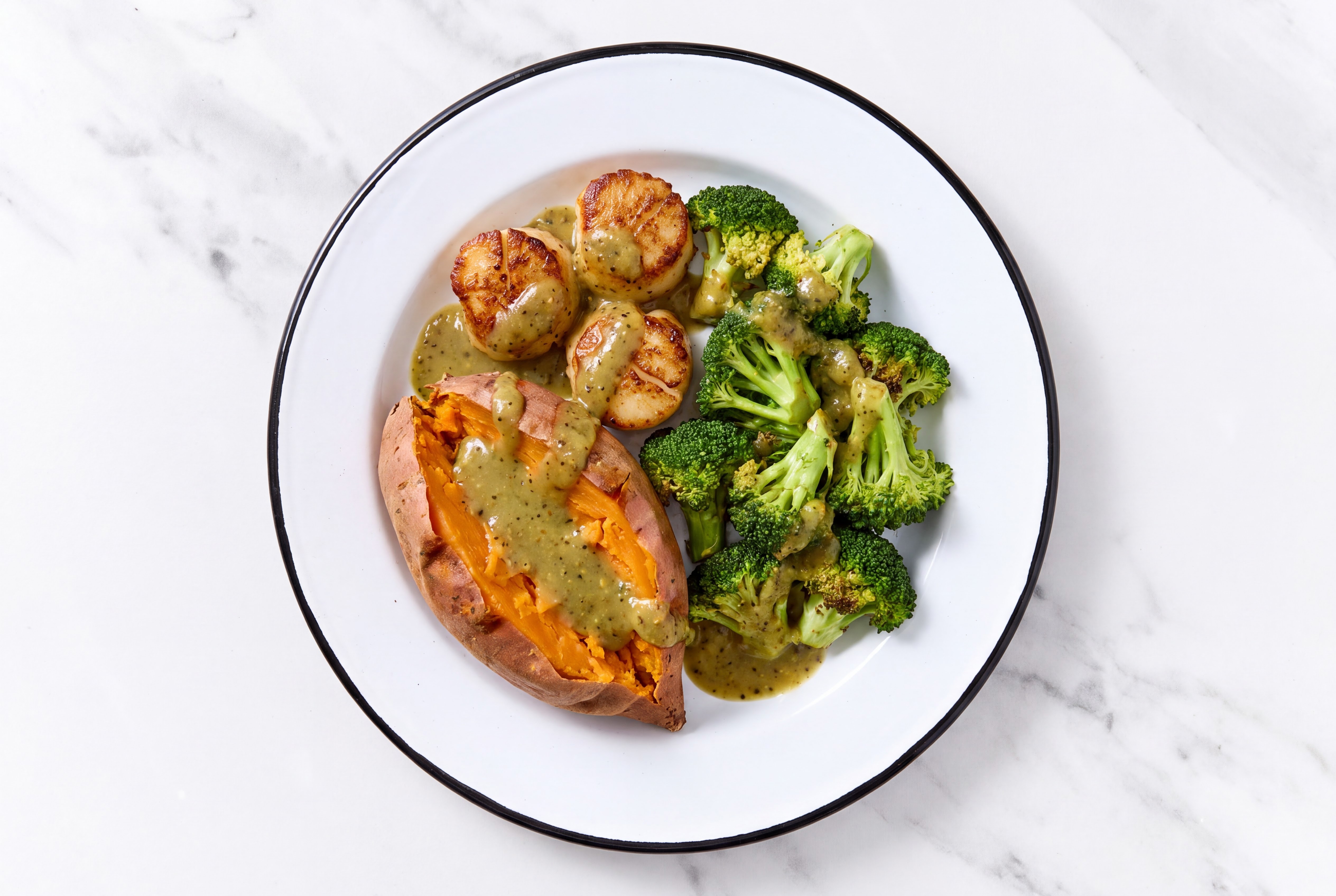 Green Chile Jumbo Scallops with Sweet Potato & Organic Broccoli