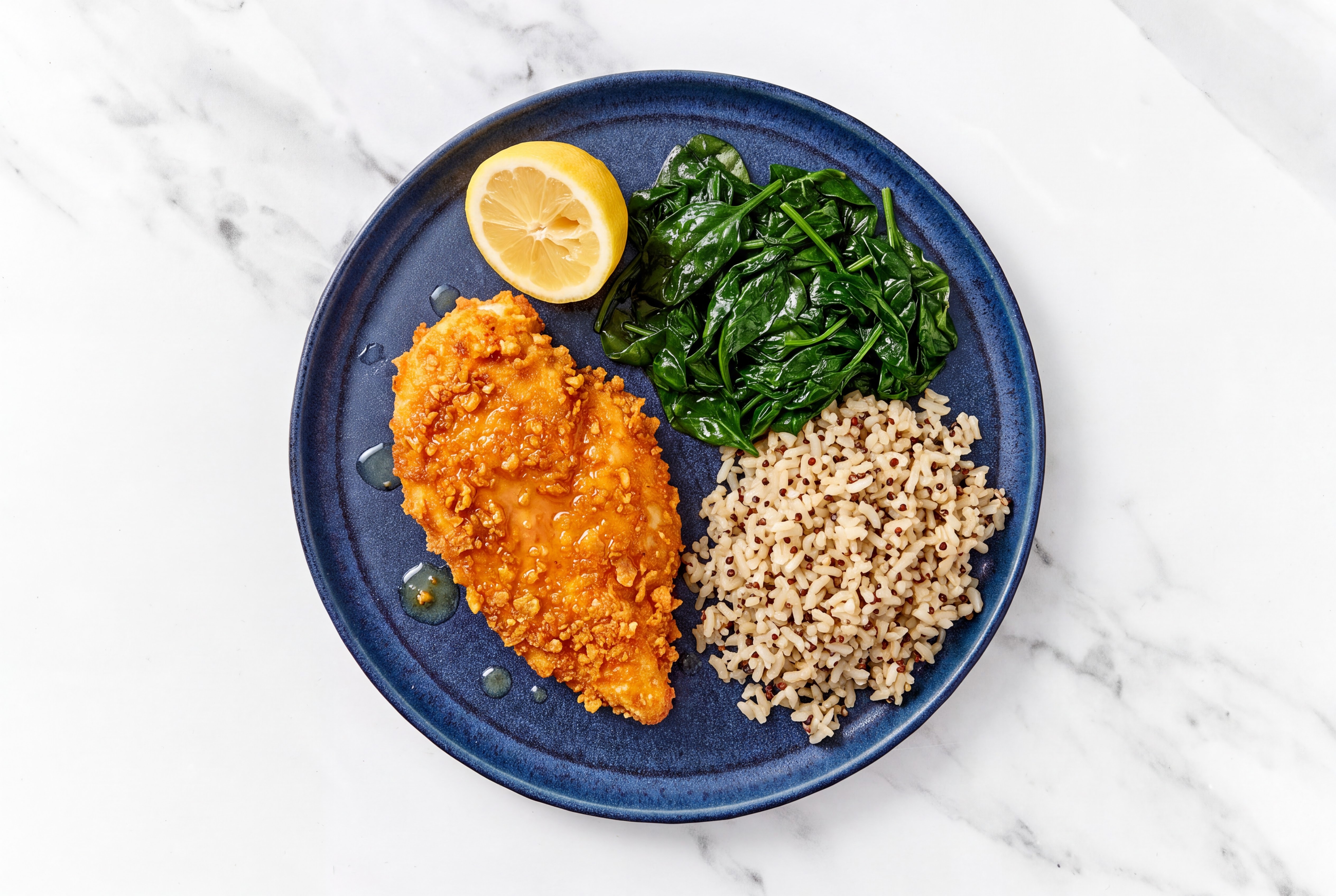 Lemon Hot Honey Breaded Chicken Cutlet with Baby Spinach & Brown Rice